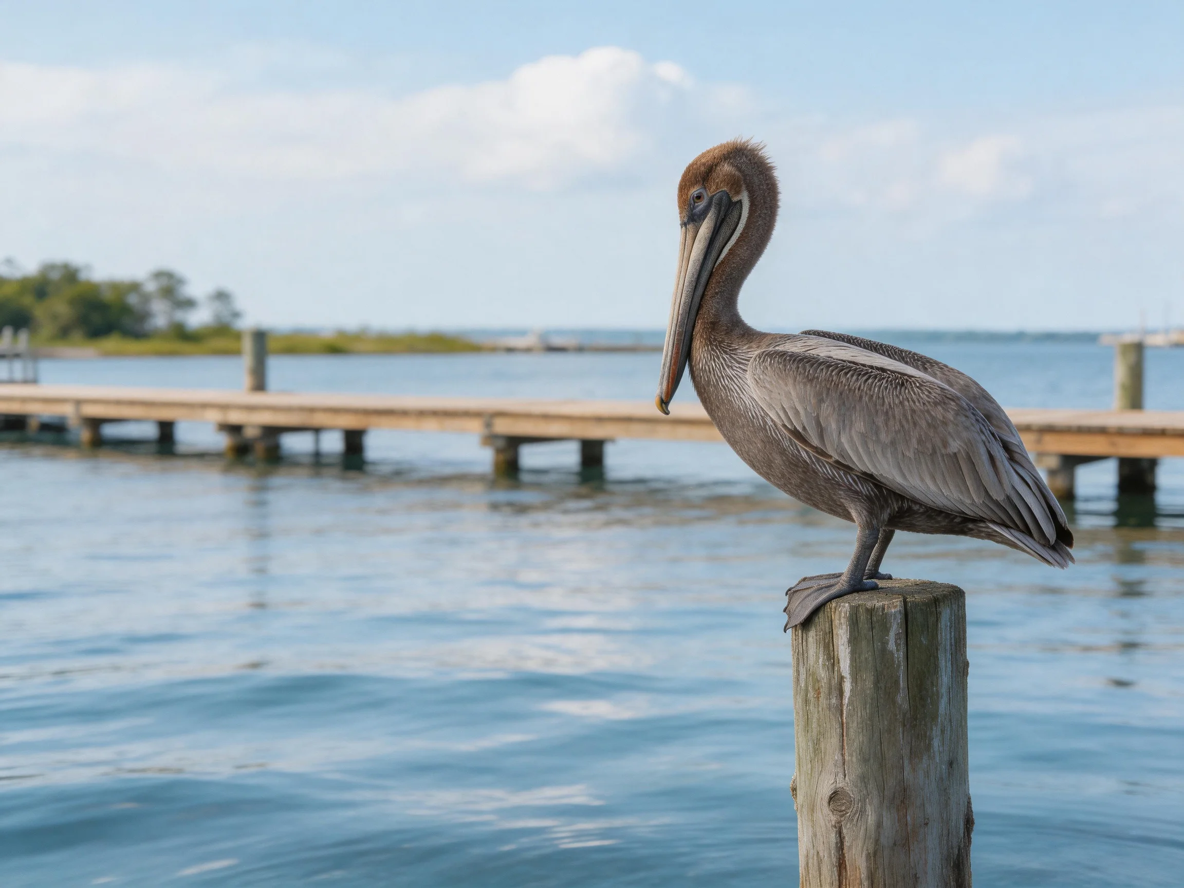 A brown pelican perches on a weathered wooden post by calm waters