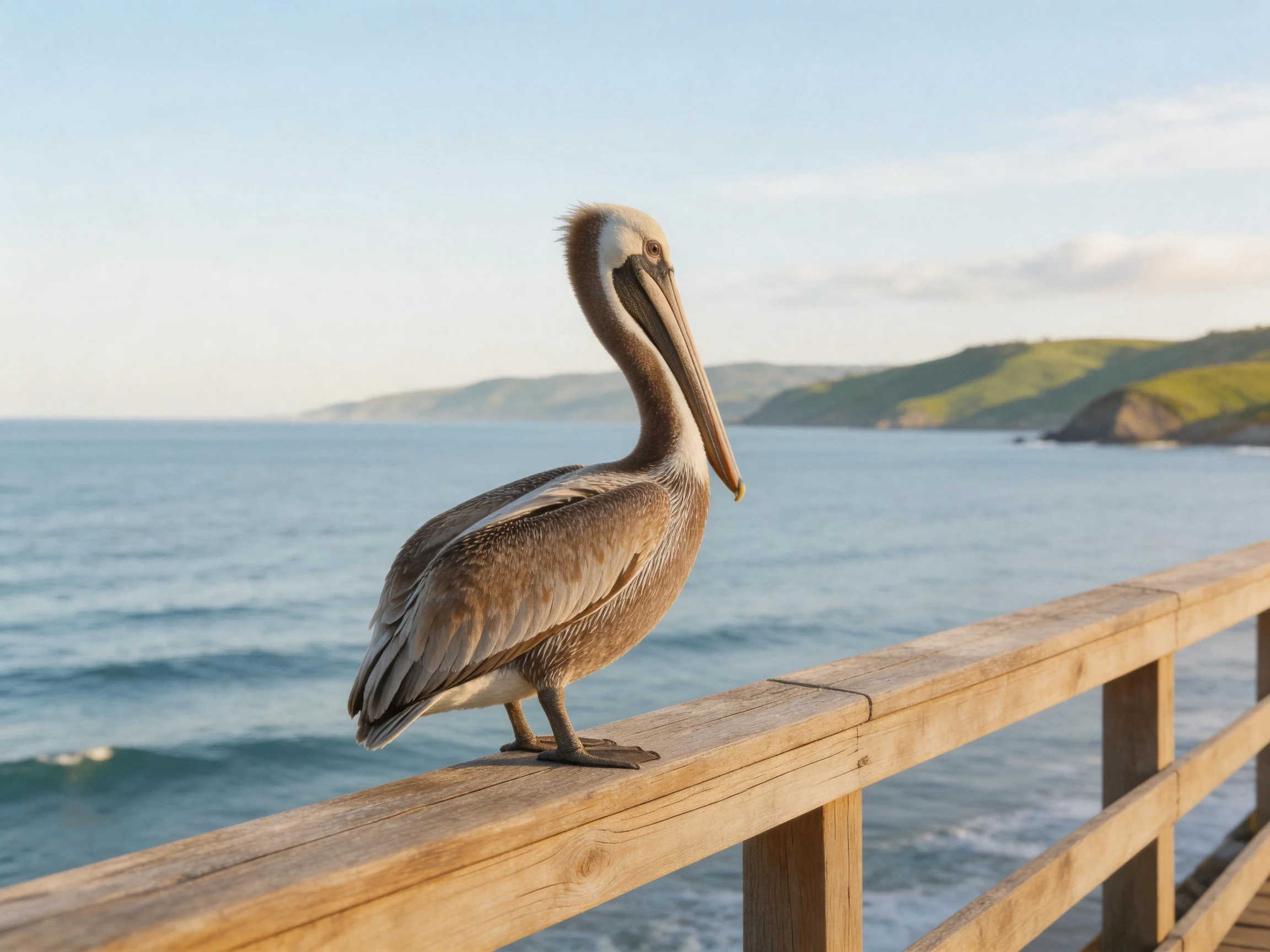 A brown pelican perches on a wooden pier by calm blue waters