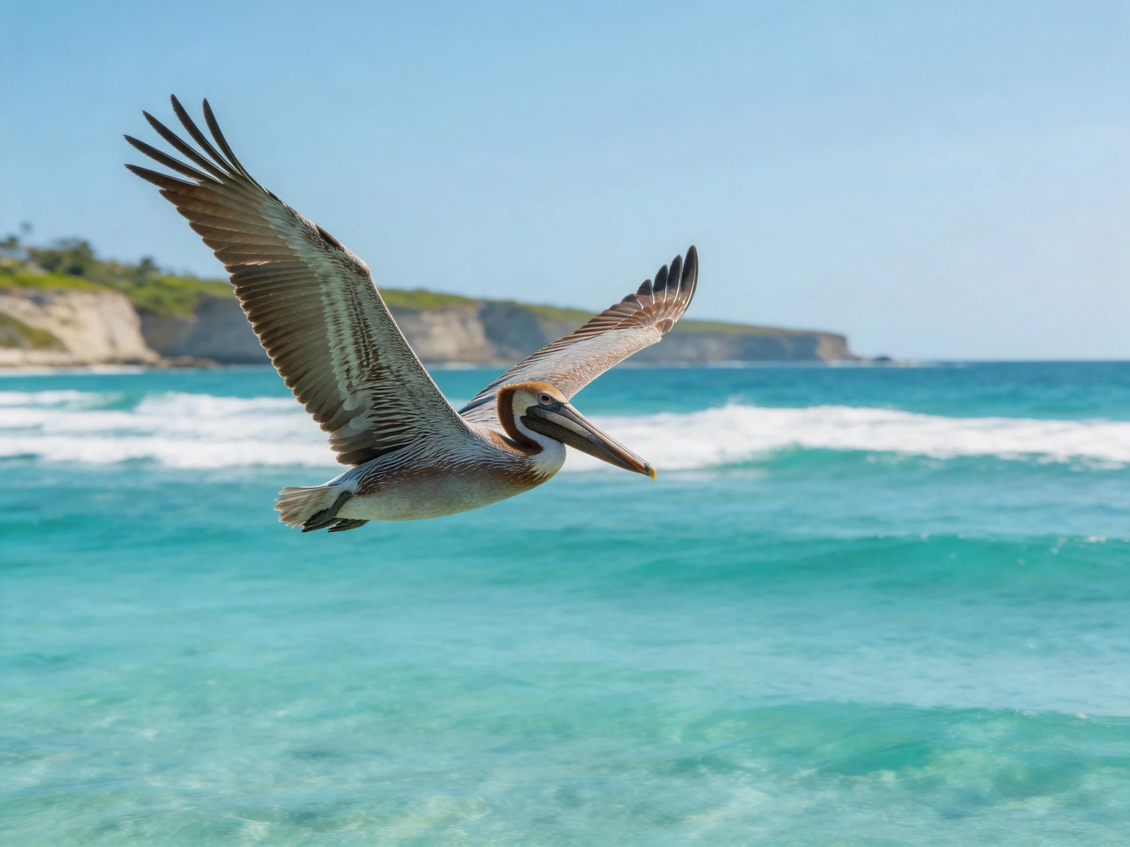 A brown pelican soars over turquoise ocean near rocky cliffs