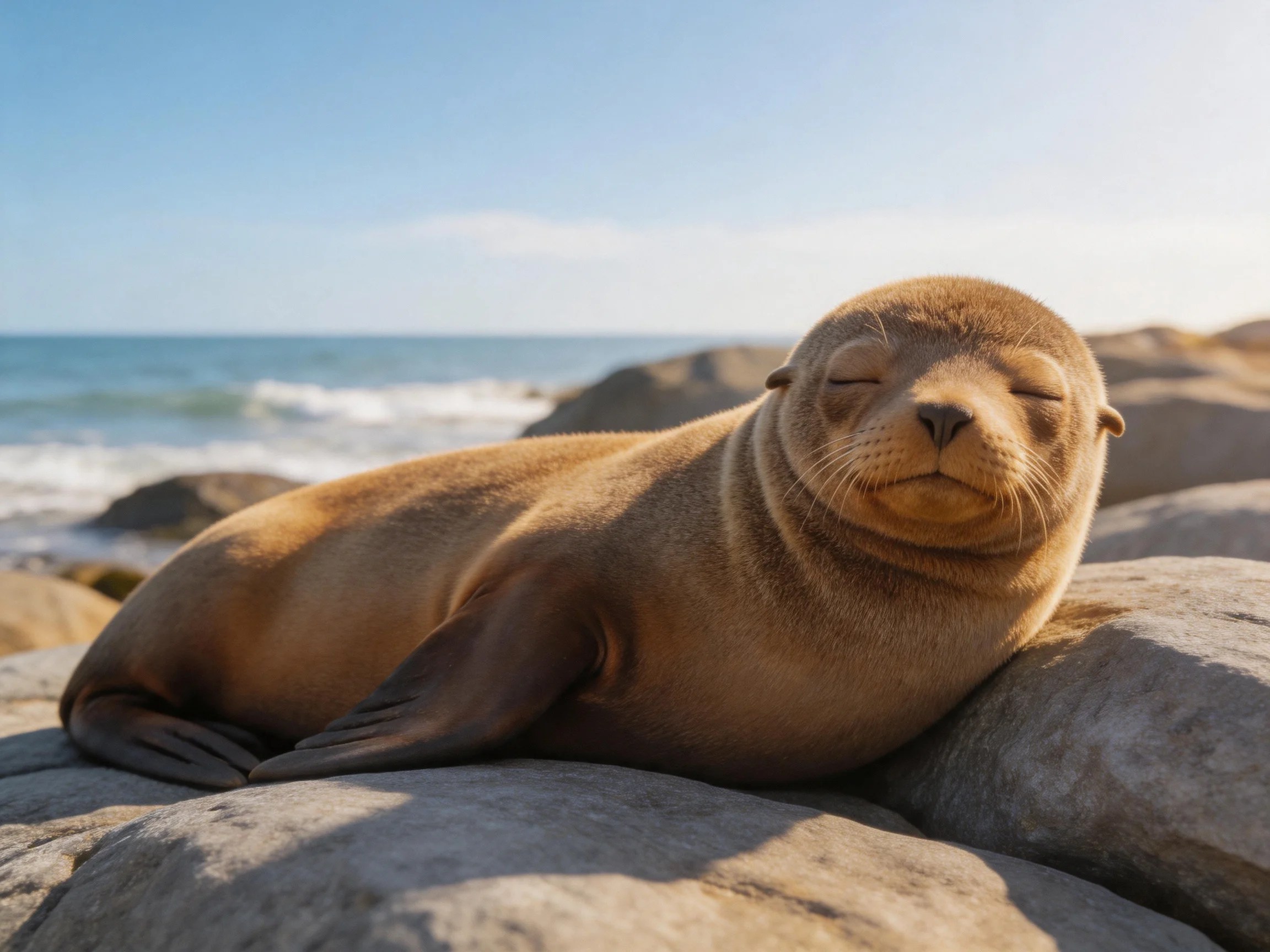 A brown sea lion pup resting on gray coastal rocks by the ocean