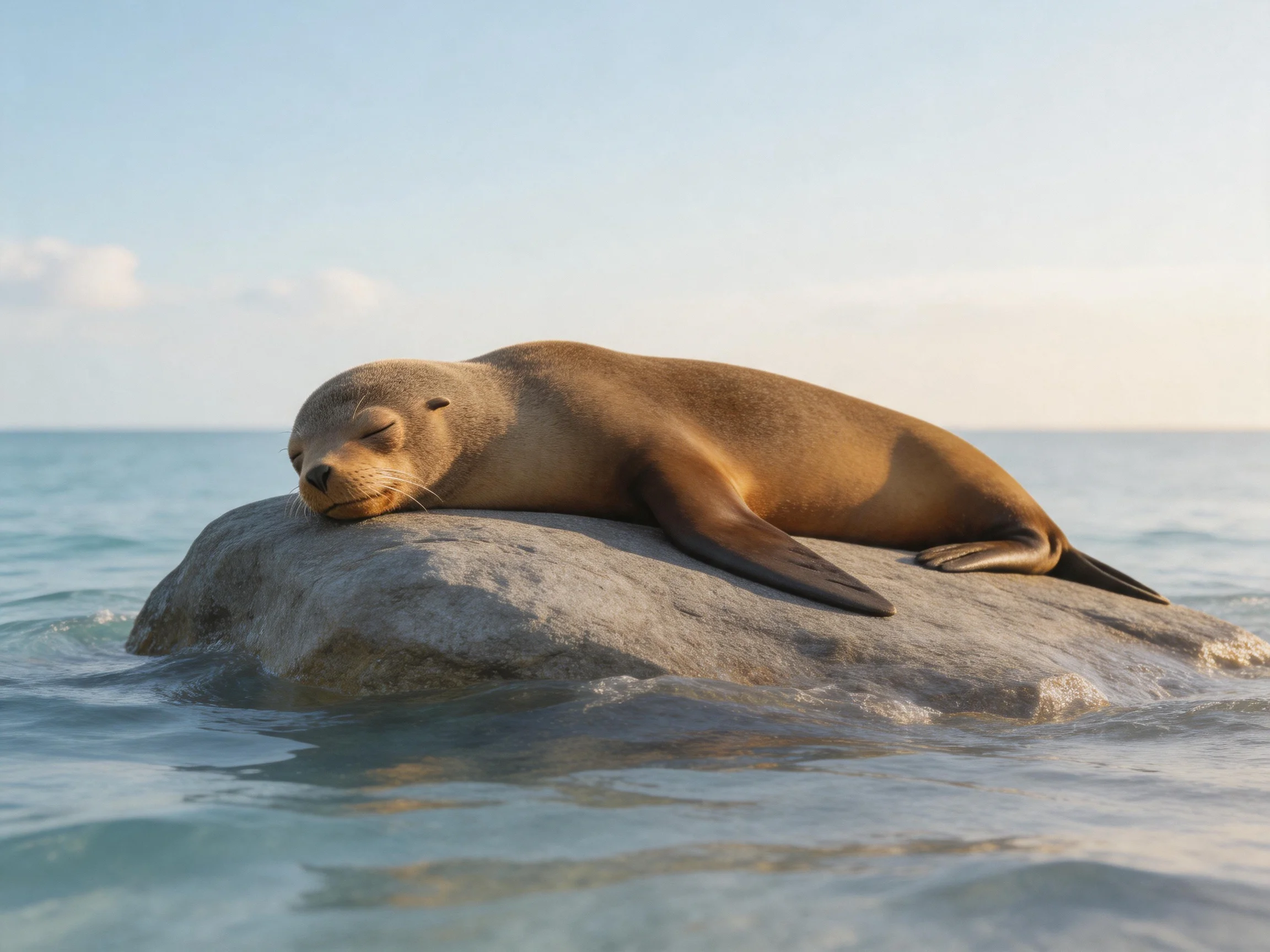 A brown sea lion rests atop a large gray rock amid calm blue waters