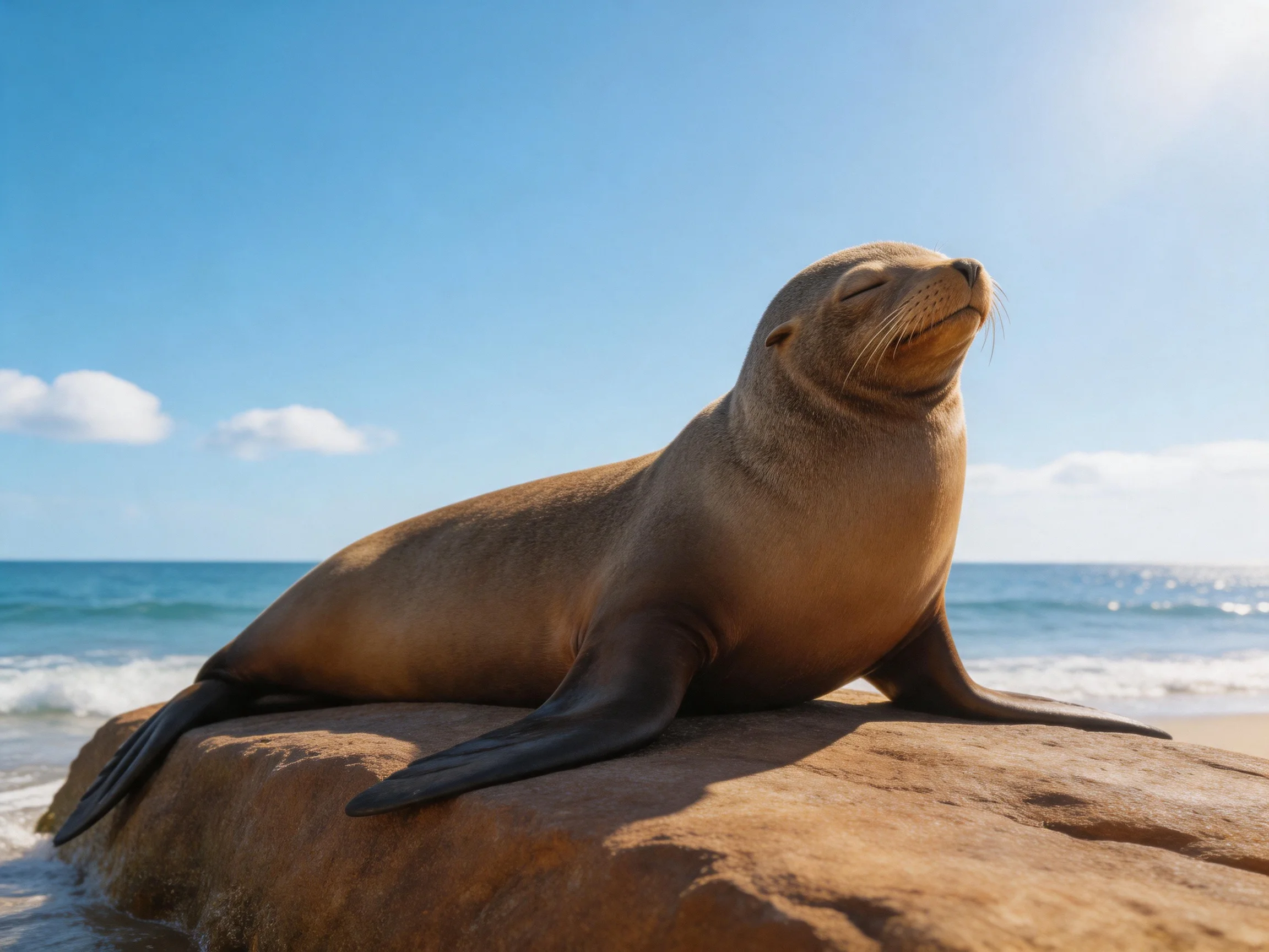 A brown sea lion rests on a rocky shore by the blue ocean