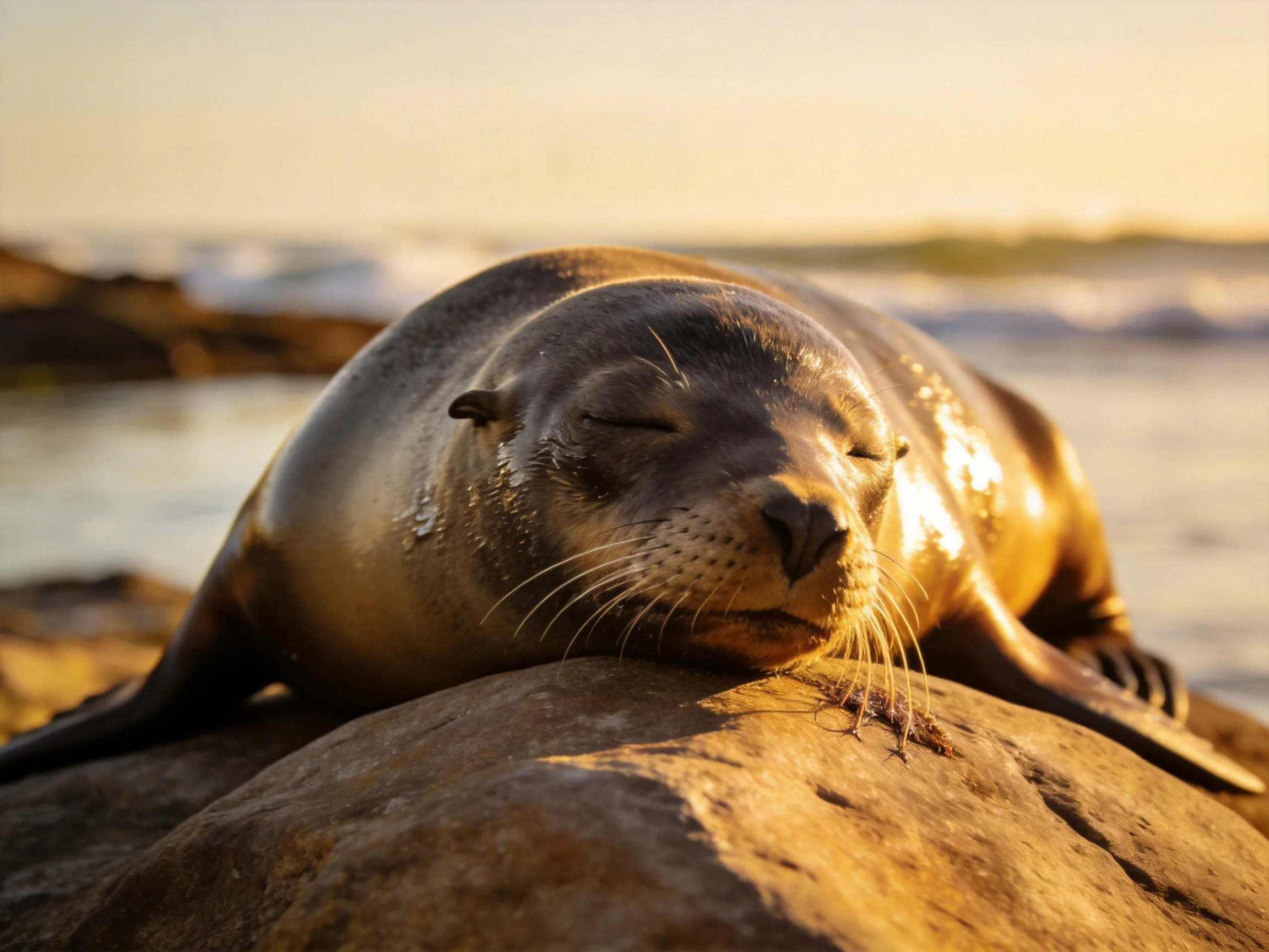 A brown sea lion rests on a sunlit rock near the shoreline