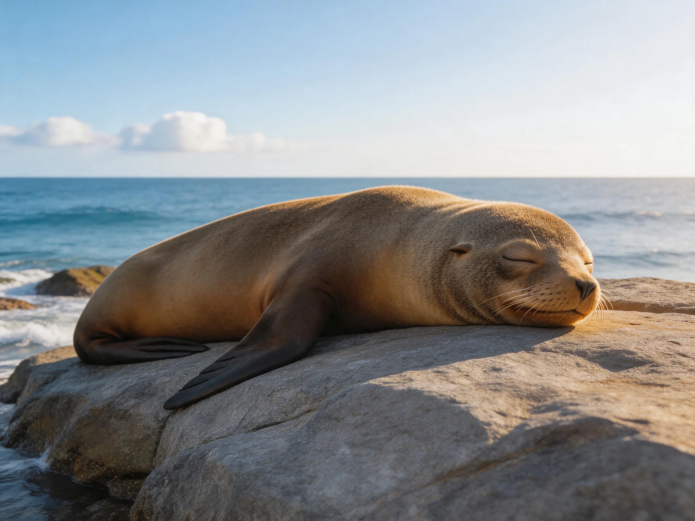 A brown sea lion rests on large gray rocks near the blue ocean