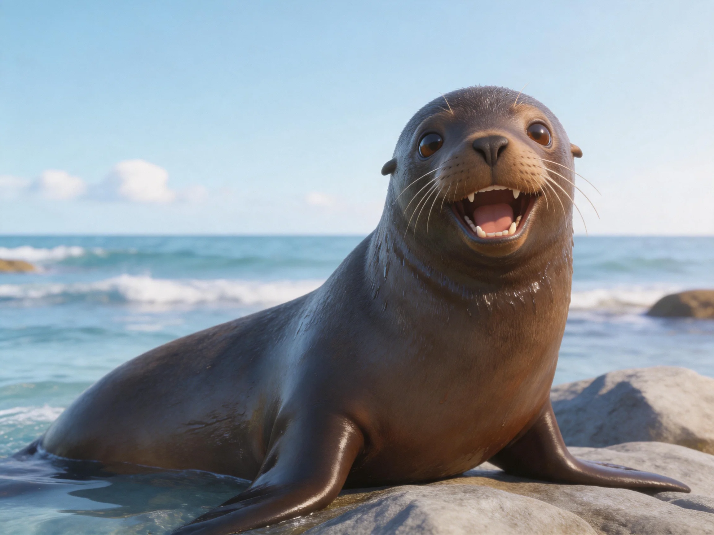 A brown sea lion rests on rocky shores by calm blue waters
