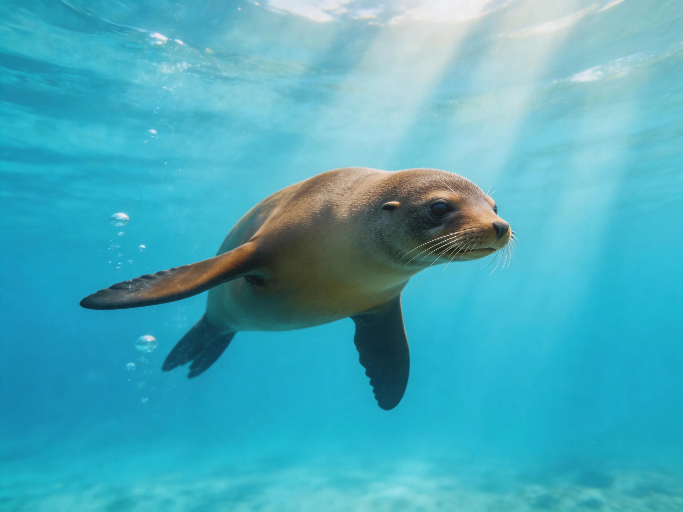 A brown sea lion swims gracefully in clear turquoise ocean water
