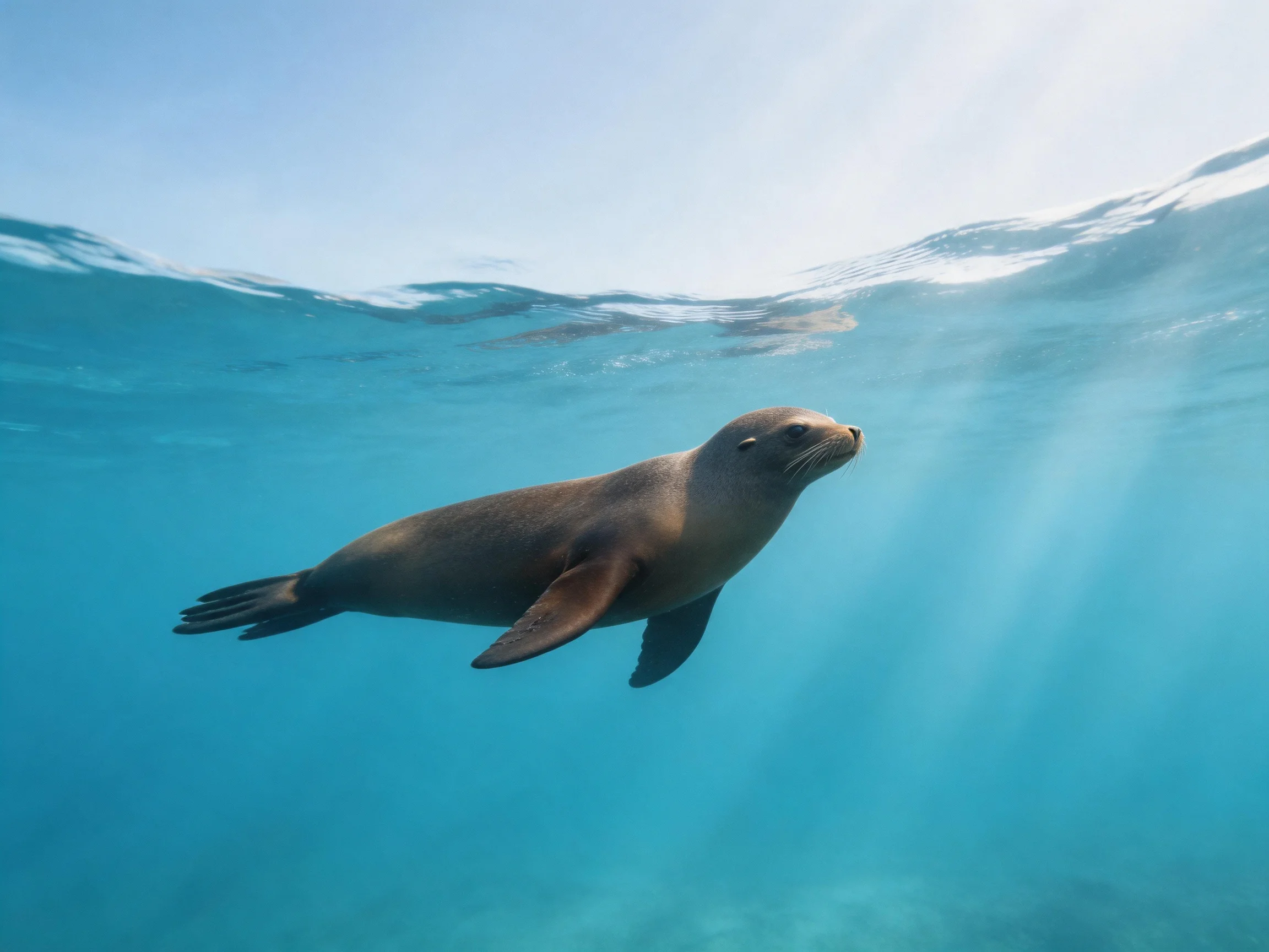 A brown sea lion swims gracefully in clear turquoise ocean waters