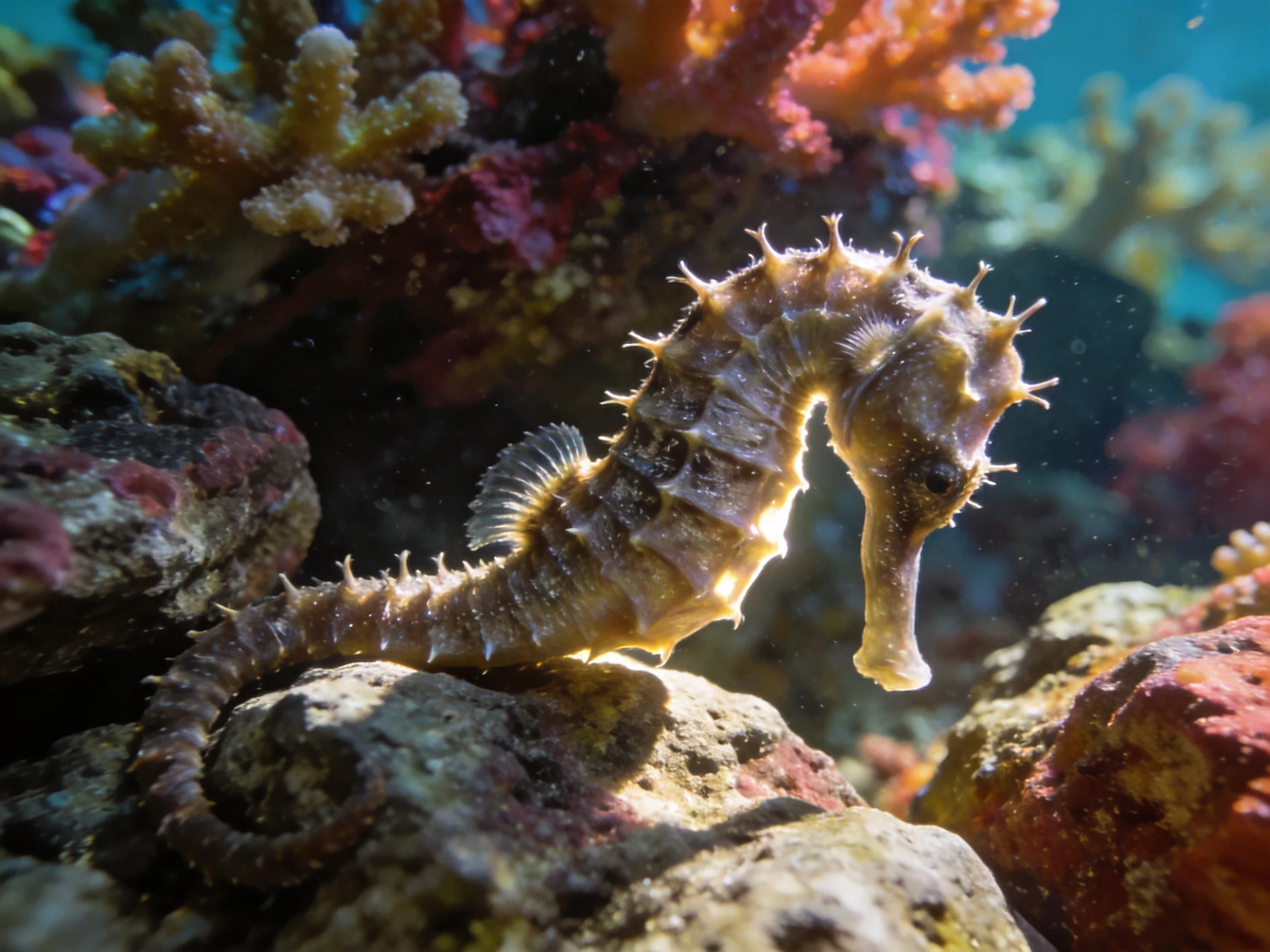 A brown seahorse rests among colorful corals and rocky formations