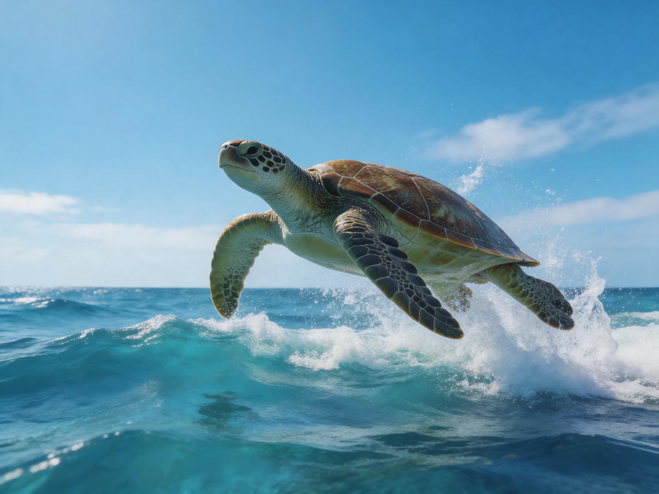 A brown-shelled sea turtle leaps over turquoise ocean waves under clear blue sky