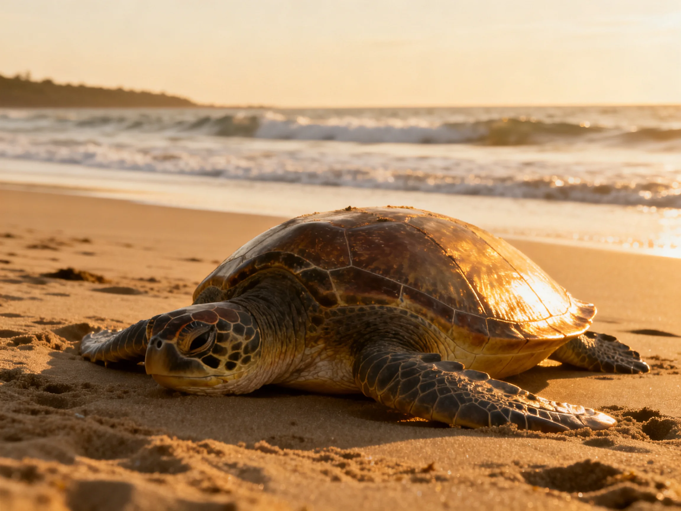 A brown-shelled sea turtle rests on golden sandy shores near crashing waves