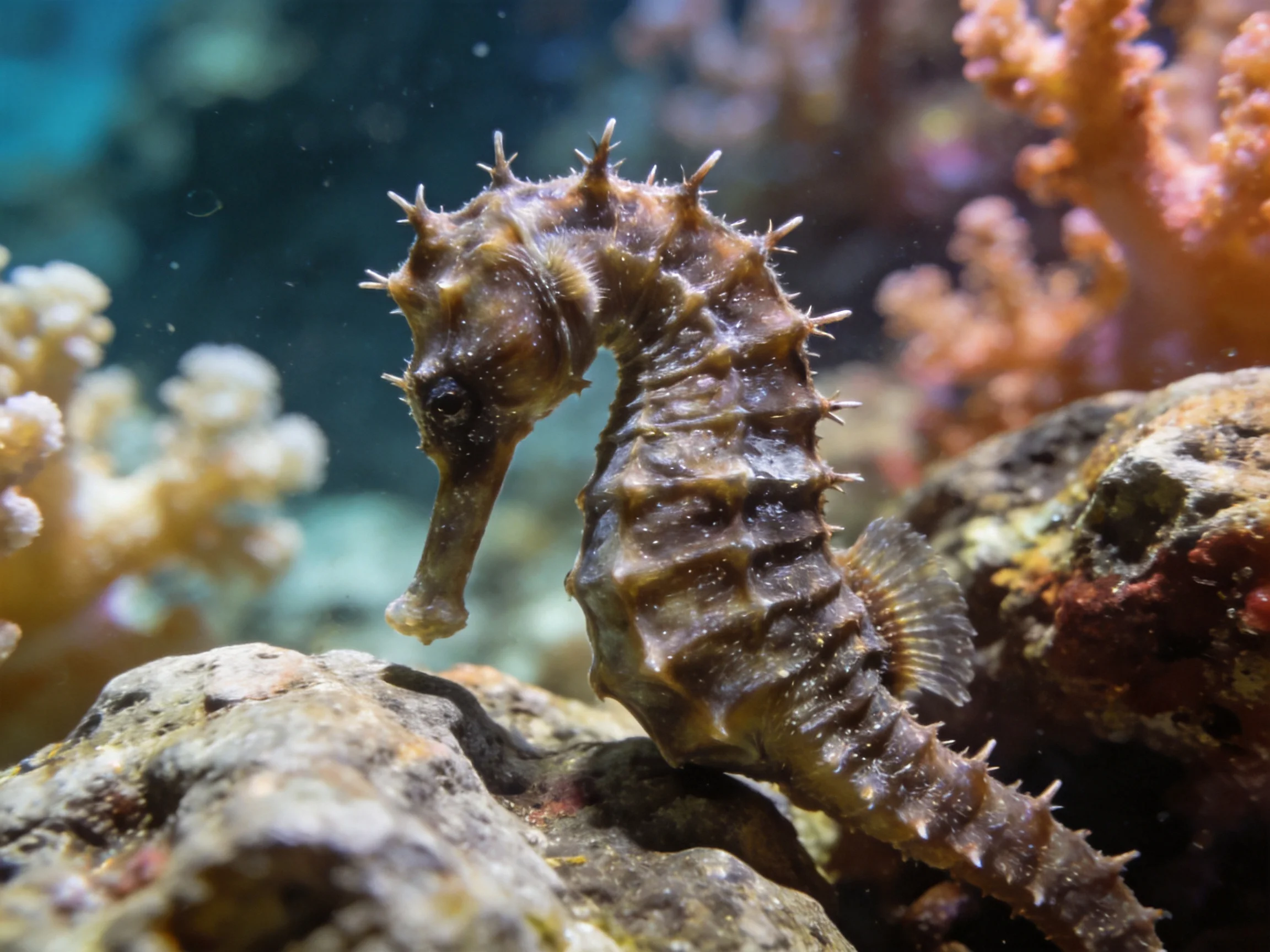 A brown-spined seahorse among colorful corals and rocks