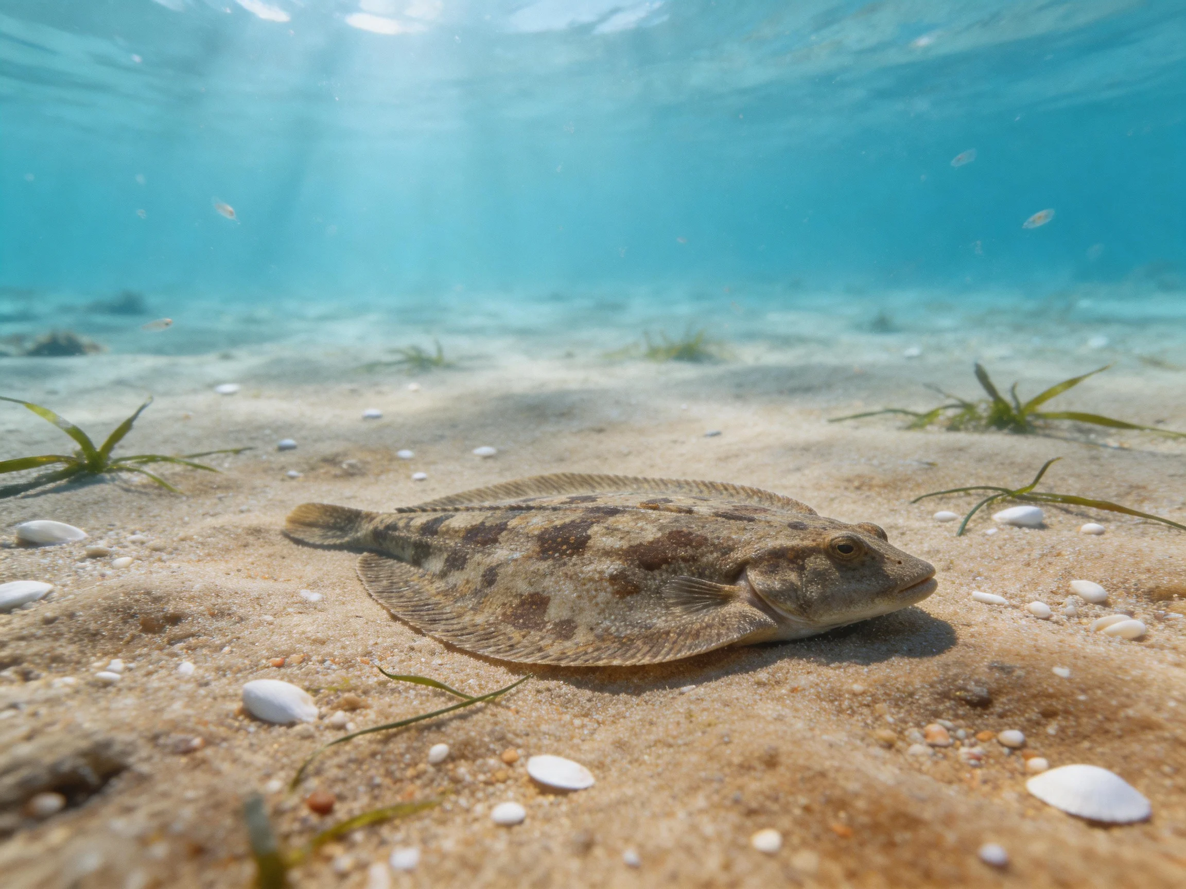 A brown-spotted flatfish rests on a sandy seabed with scattered seagrass and shells