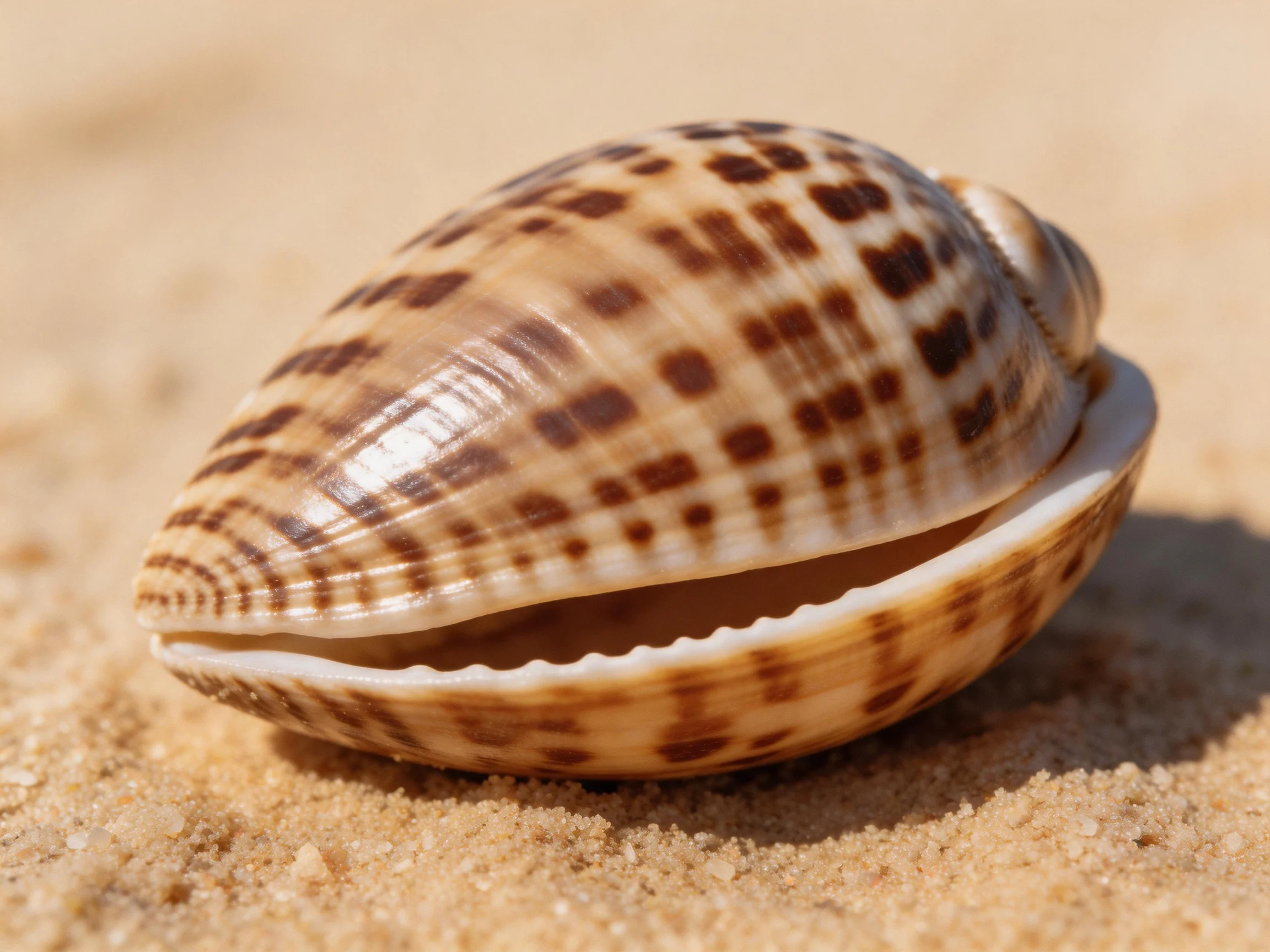 A brown-spotted seashell sits on golden sandy beach