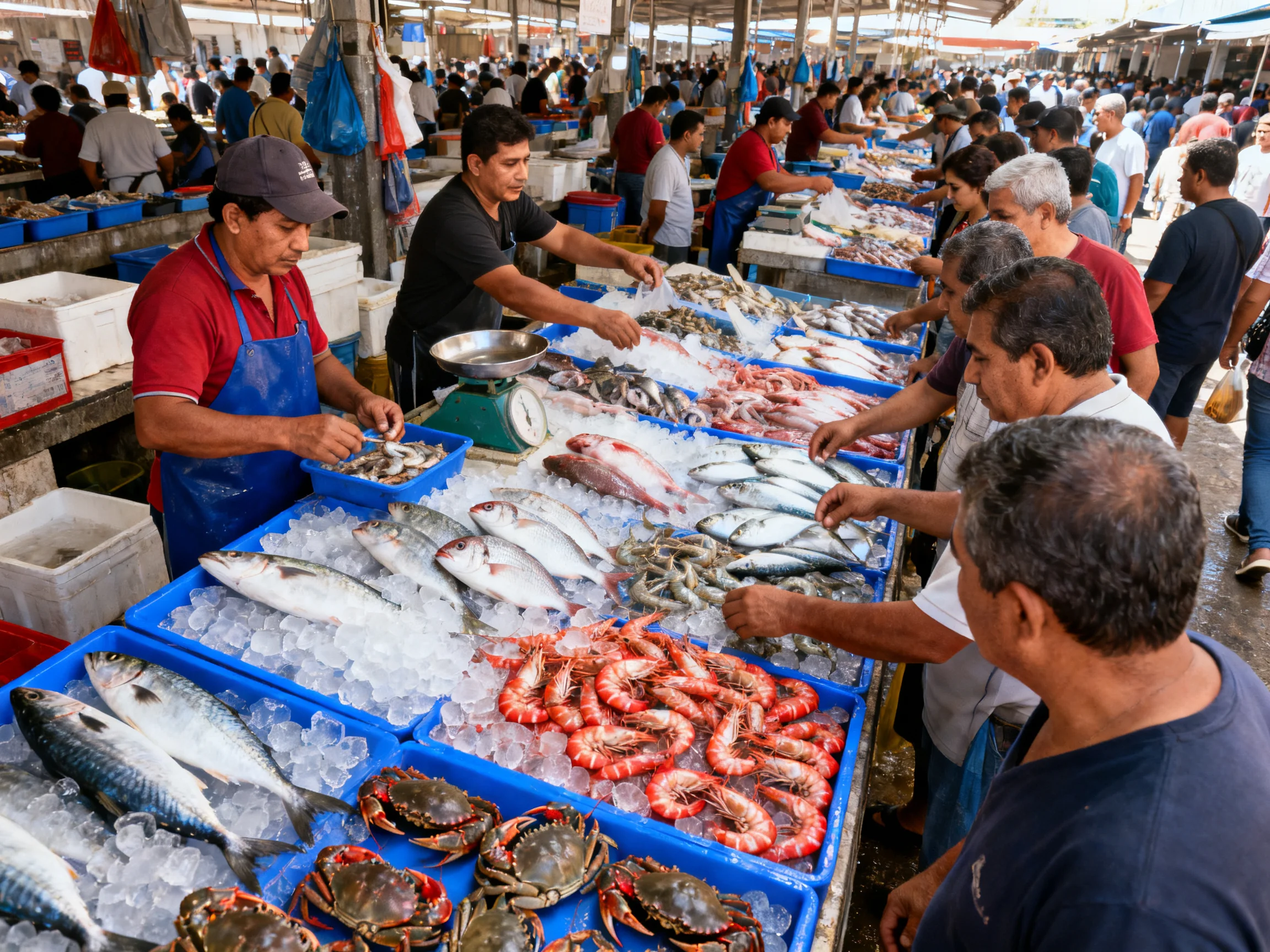 A bustling seafood market showcasing colorful fresh catches and shoppers