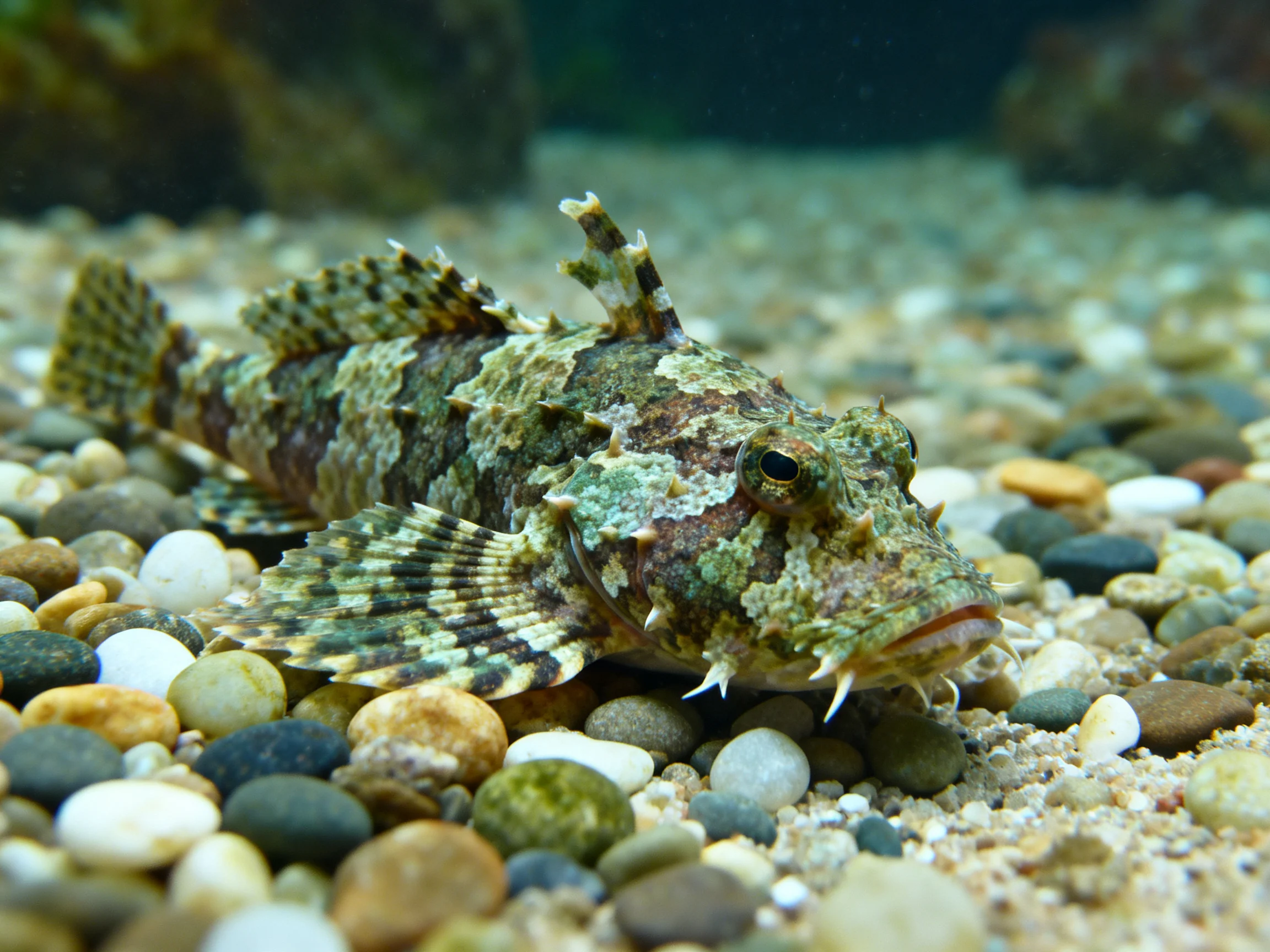 A camouflaged fish rests among multicolored pebbles in an aquatic environment