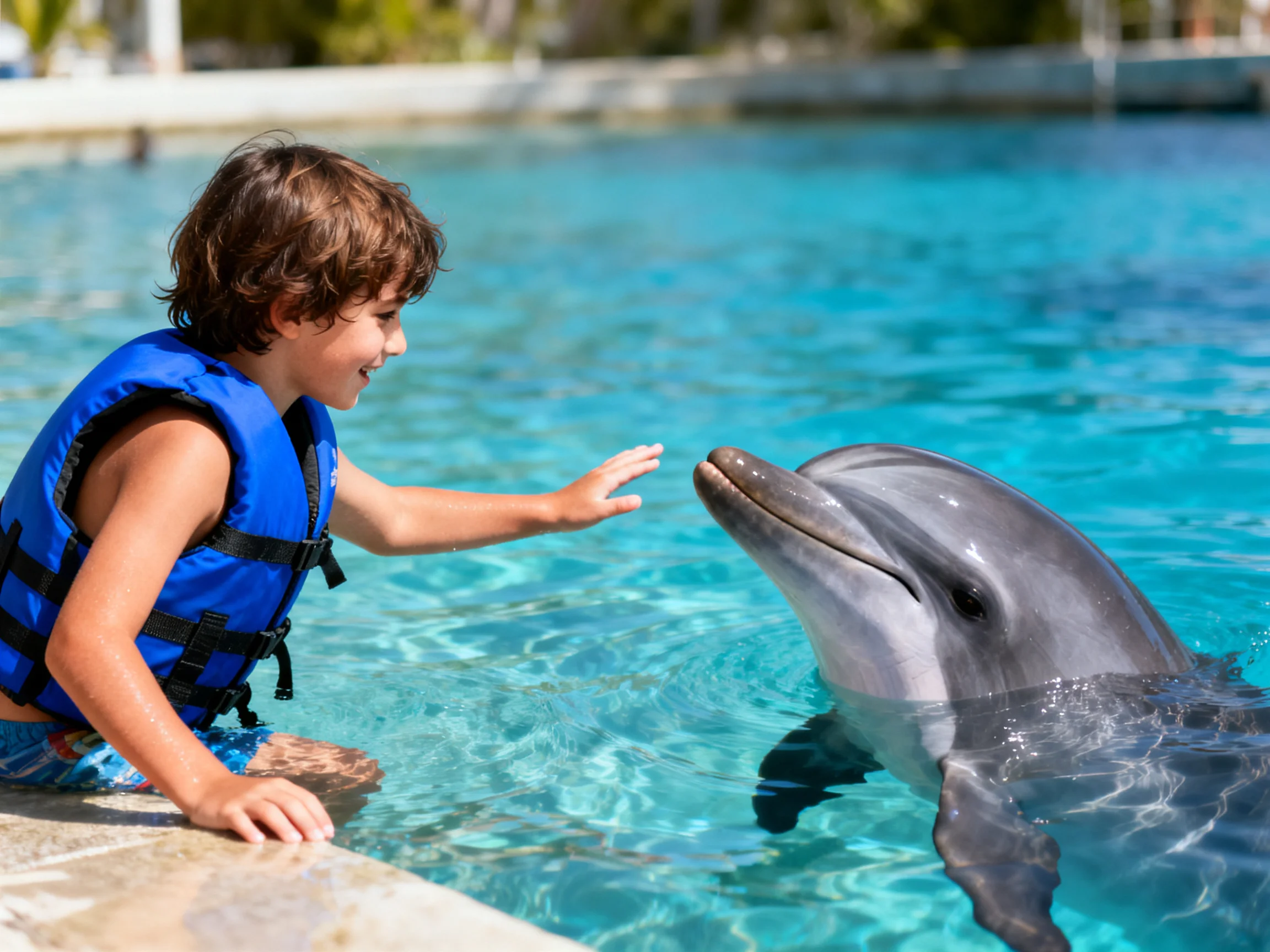 A child in a blue life jacket meets a gray dolphin in turquoise water