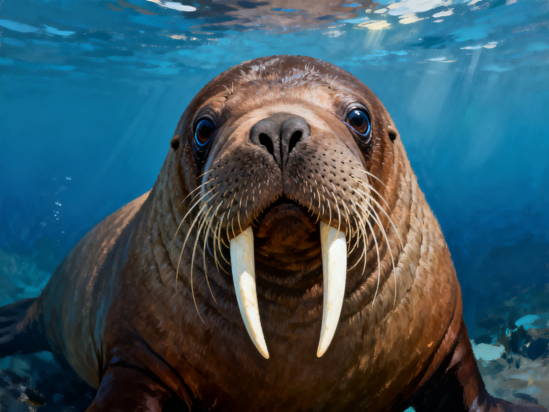 A close - up of a brown walrus with prominent tusks in clear blue water