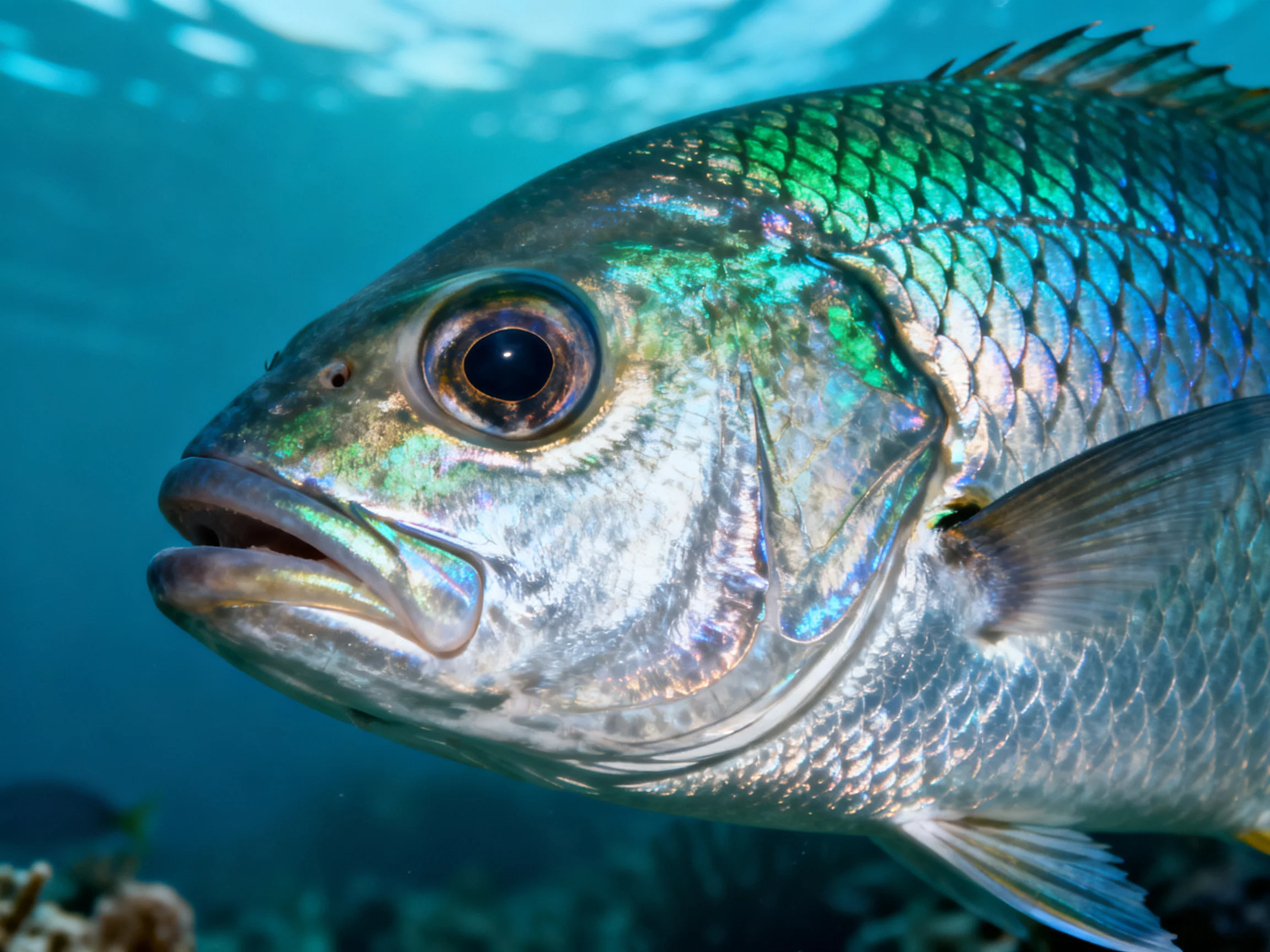 A close - up of a fish with iridescent scales in clear water
