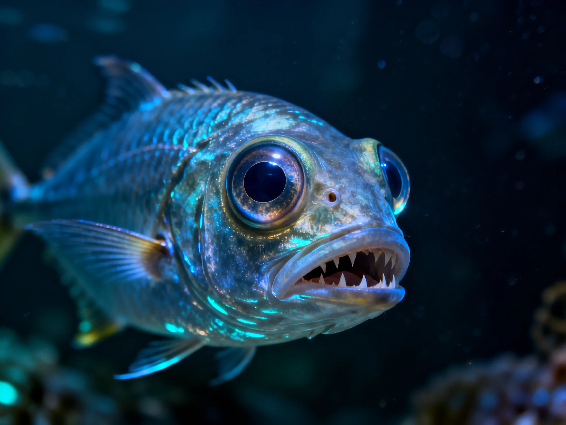 A close - up of a silver - blue fish with large eyes and sharp teeth