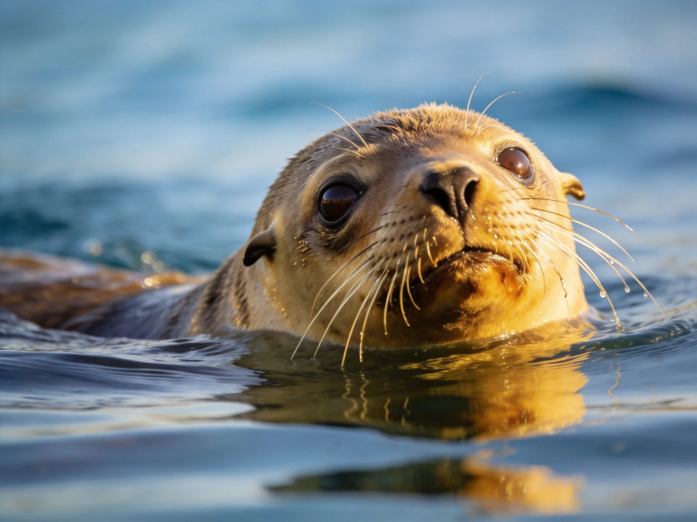 A close - up of a tan sea lion swimming in calm blue waters