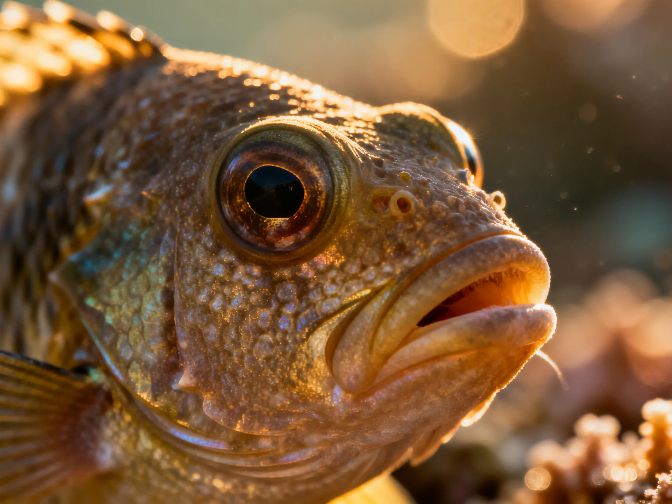 A close - up of a textured brown fish with large eyes