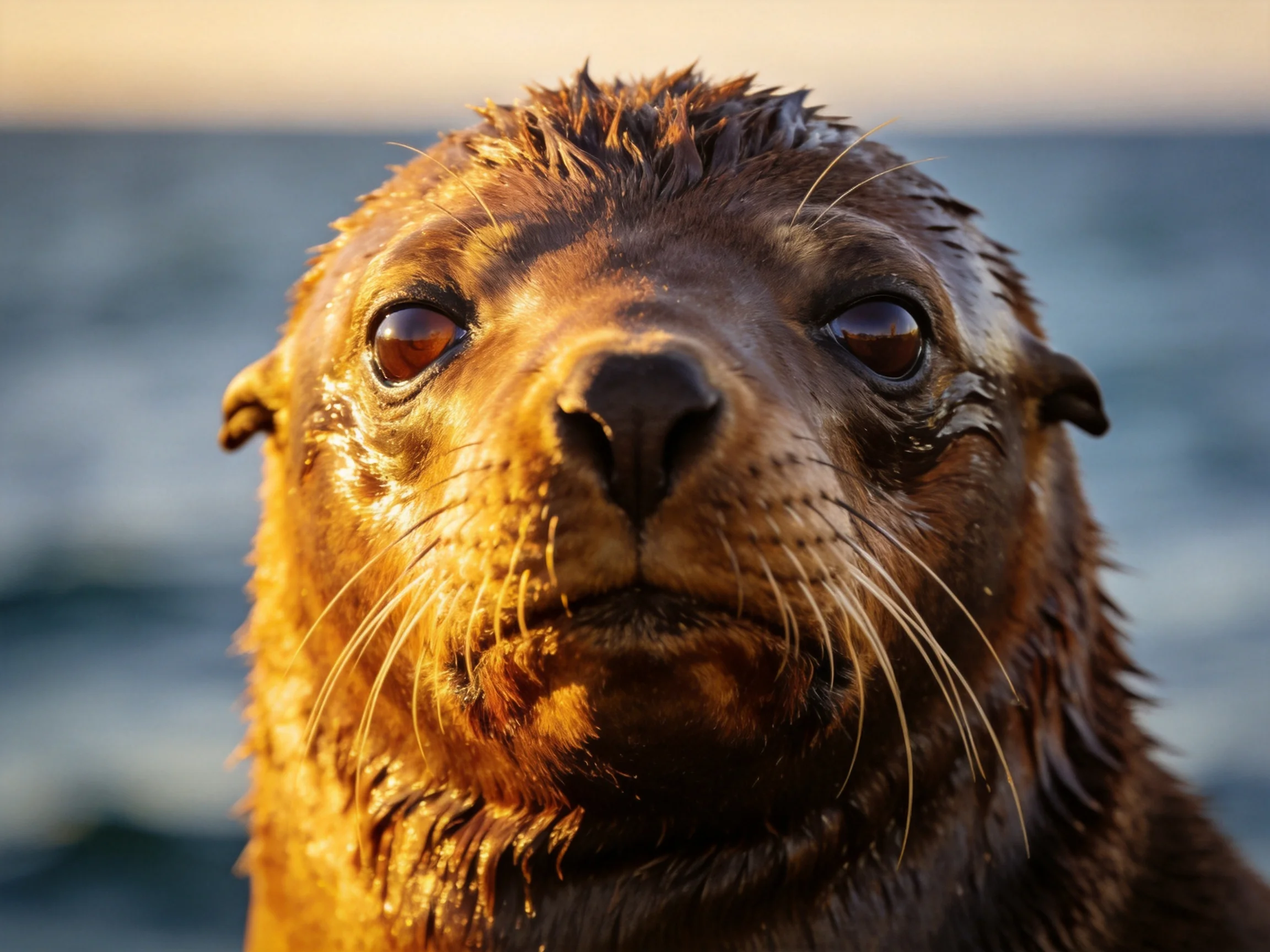 A close - up of a wet brown sea lion bathed in golden sunlight
