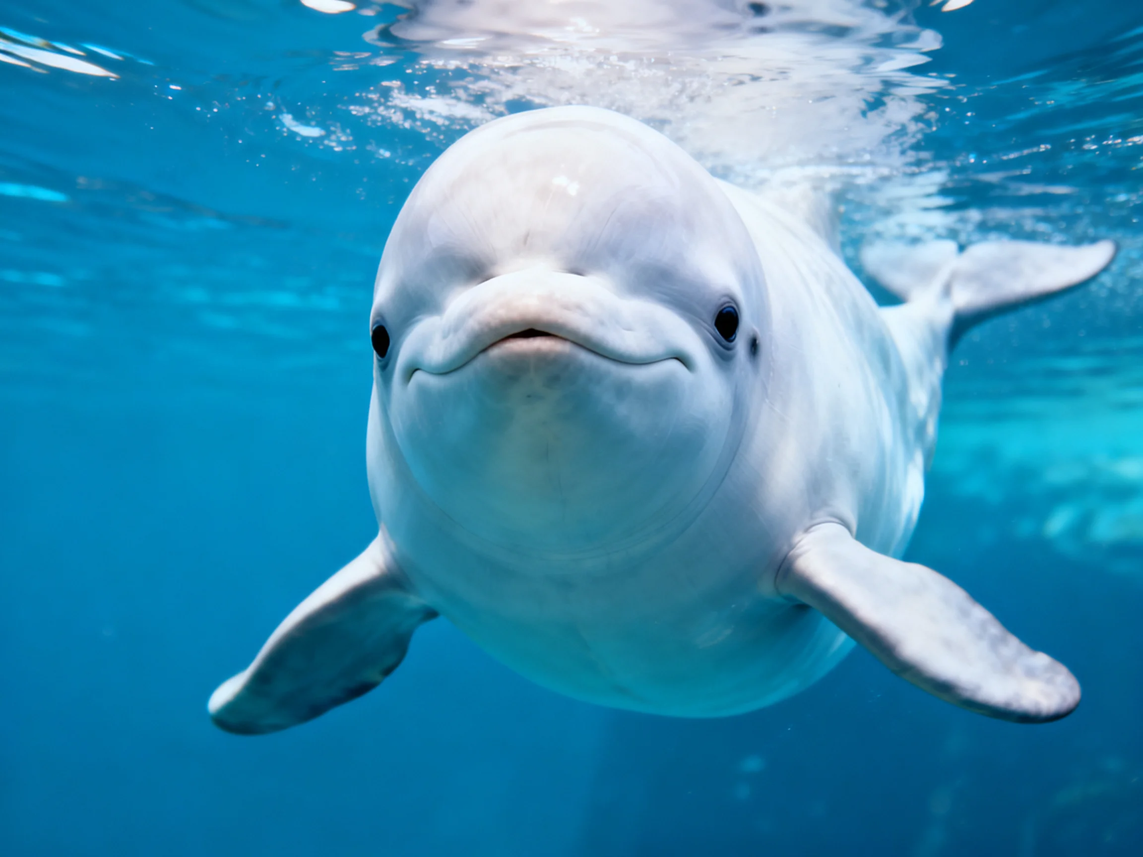 A close - up of a white beluga whale swimming underwater