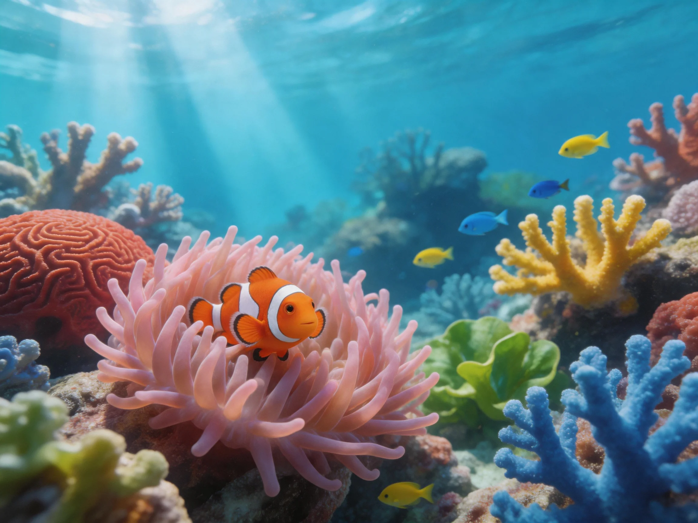 A clownfish hides among pink anemones near colorful coral reefs
