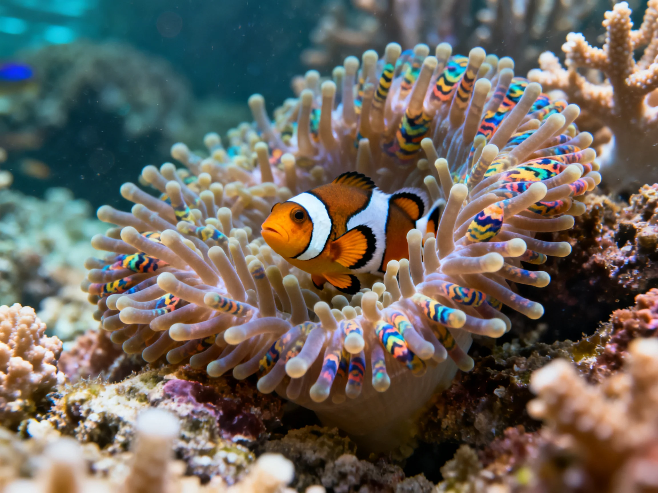A clownfish nestled in a colorful sea anemone among coral reefs
