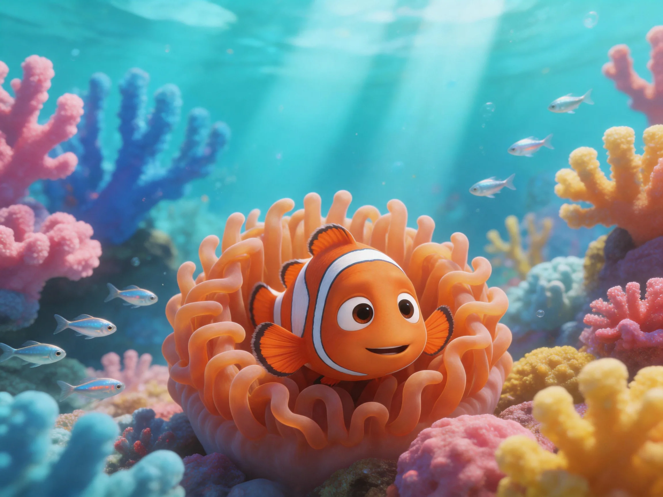 A clownfish nestled in an orange sea anemone amid colorful coral reefs