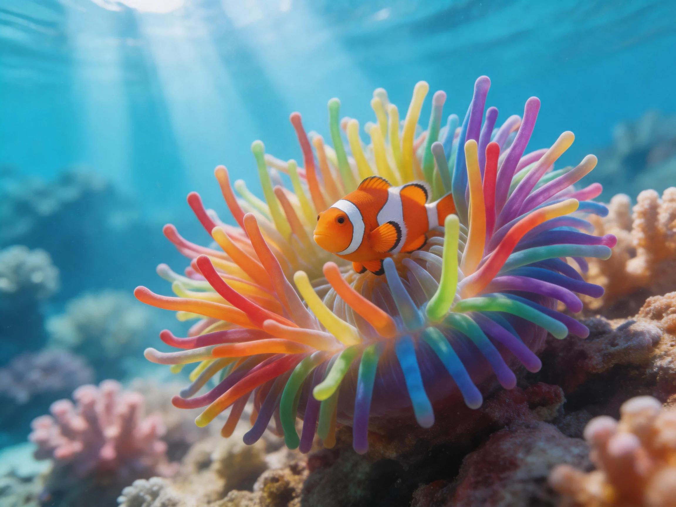 A clownfish nestled in vibrant rainbow-colored sea anemone tentacles underwater