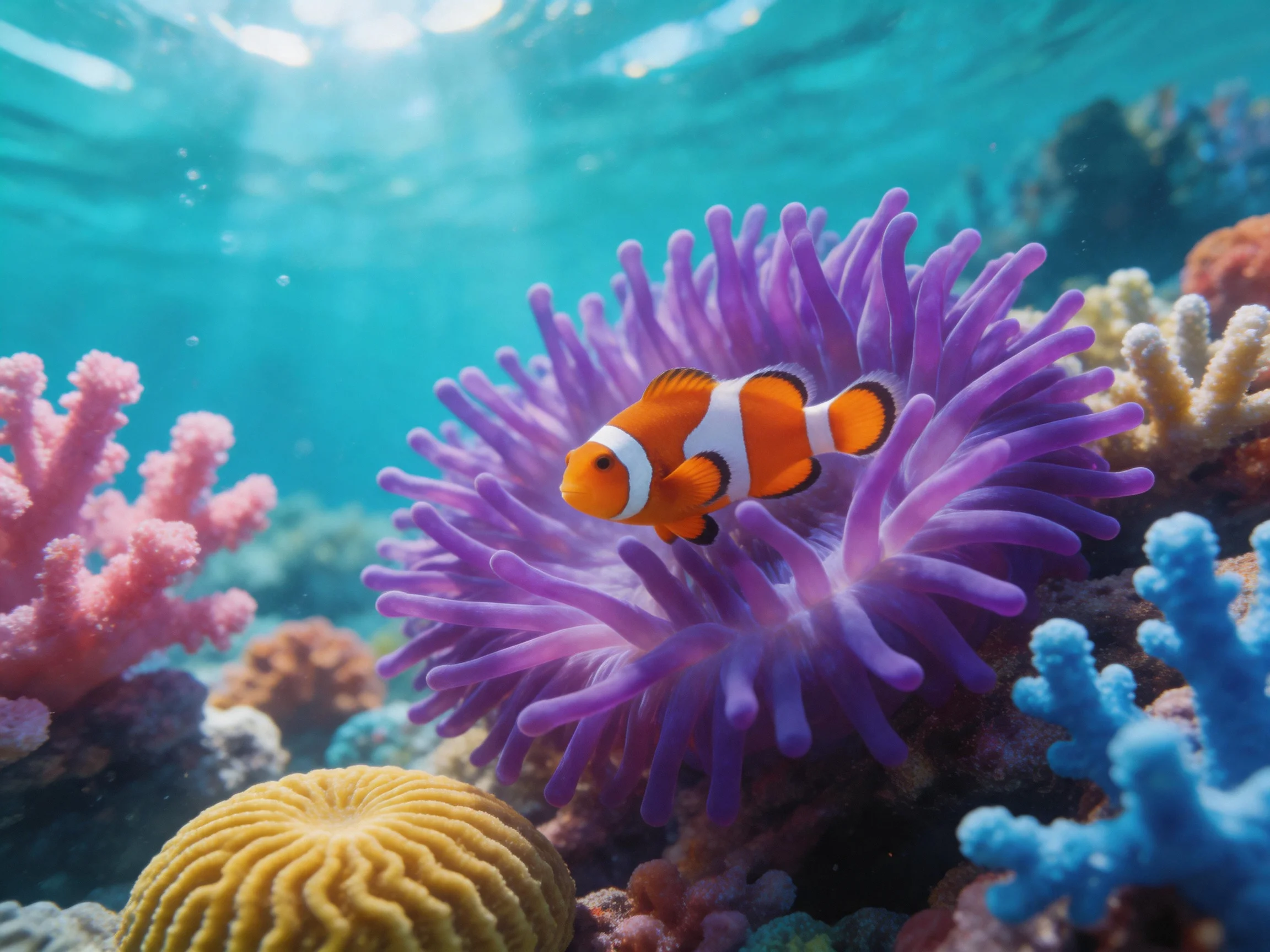 A clownfish swims near a large purple sea anemone surrounded by colorful corals