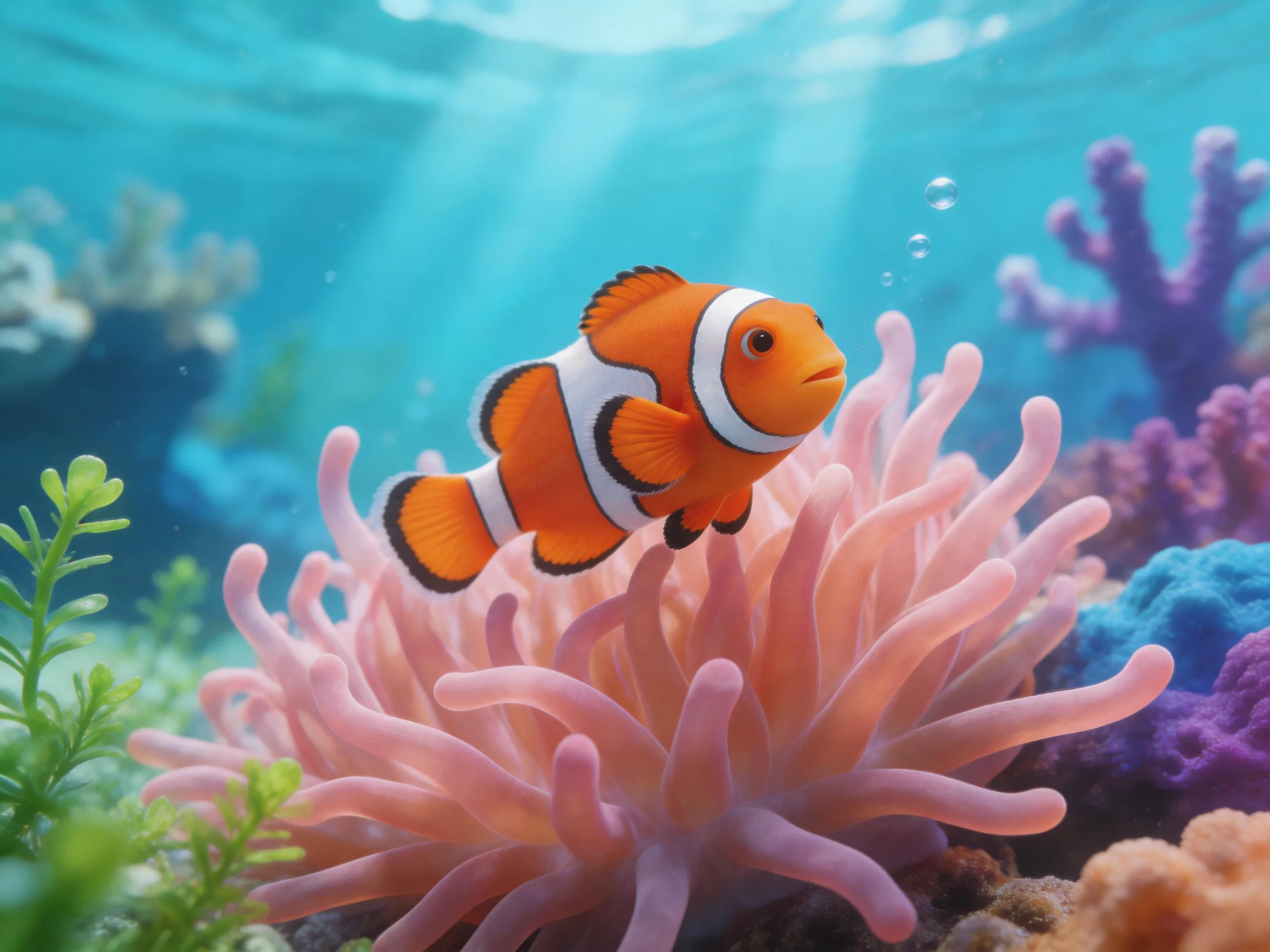 A clownfish swims near vibrant pink anemone among colorful corals