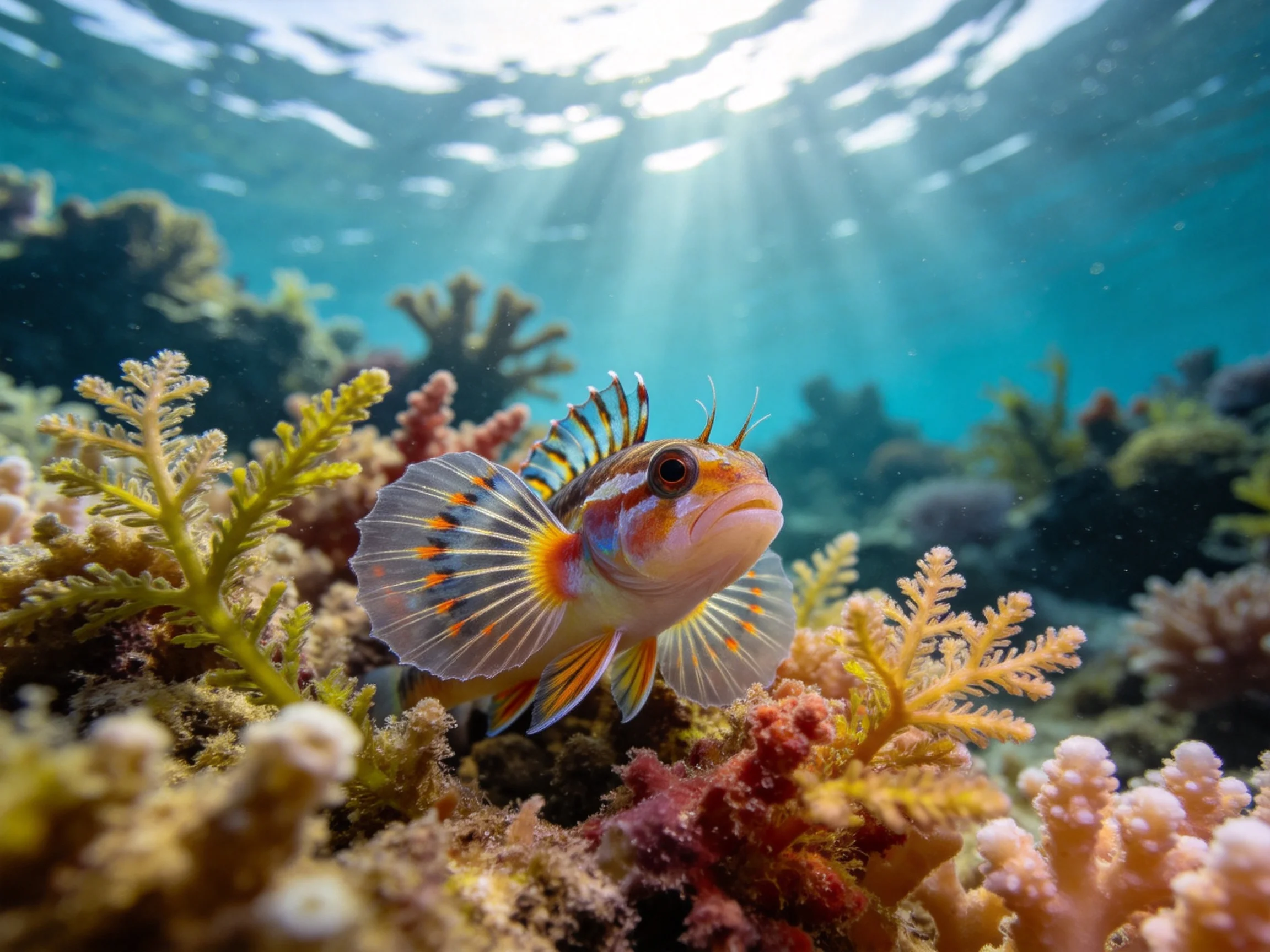 A colorful fish swims among vibrant coral reefs under sunlight