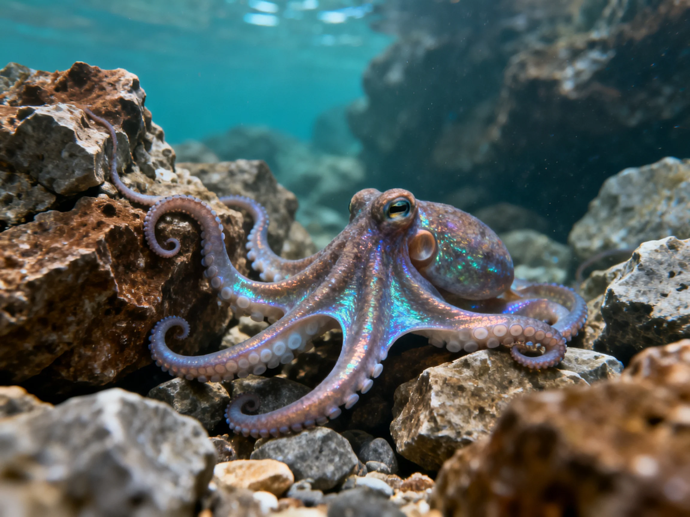 A colorful octopus on textured ocean rocks in clear water