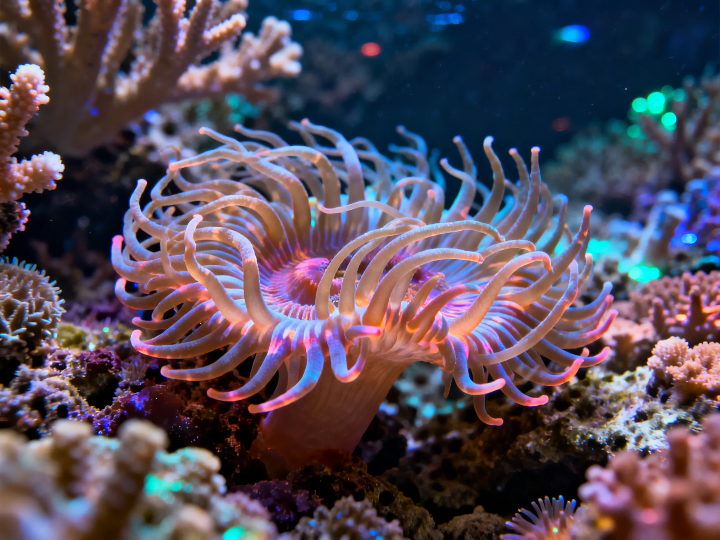 A colorful sea anemone with pink and blue tentacles among corals