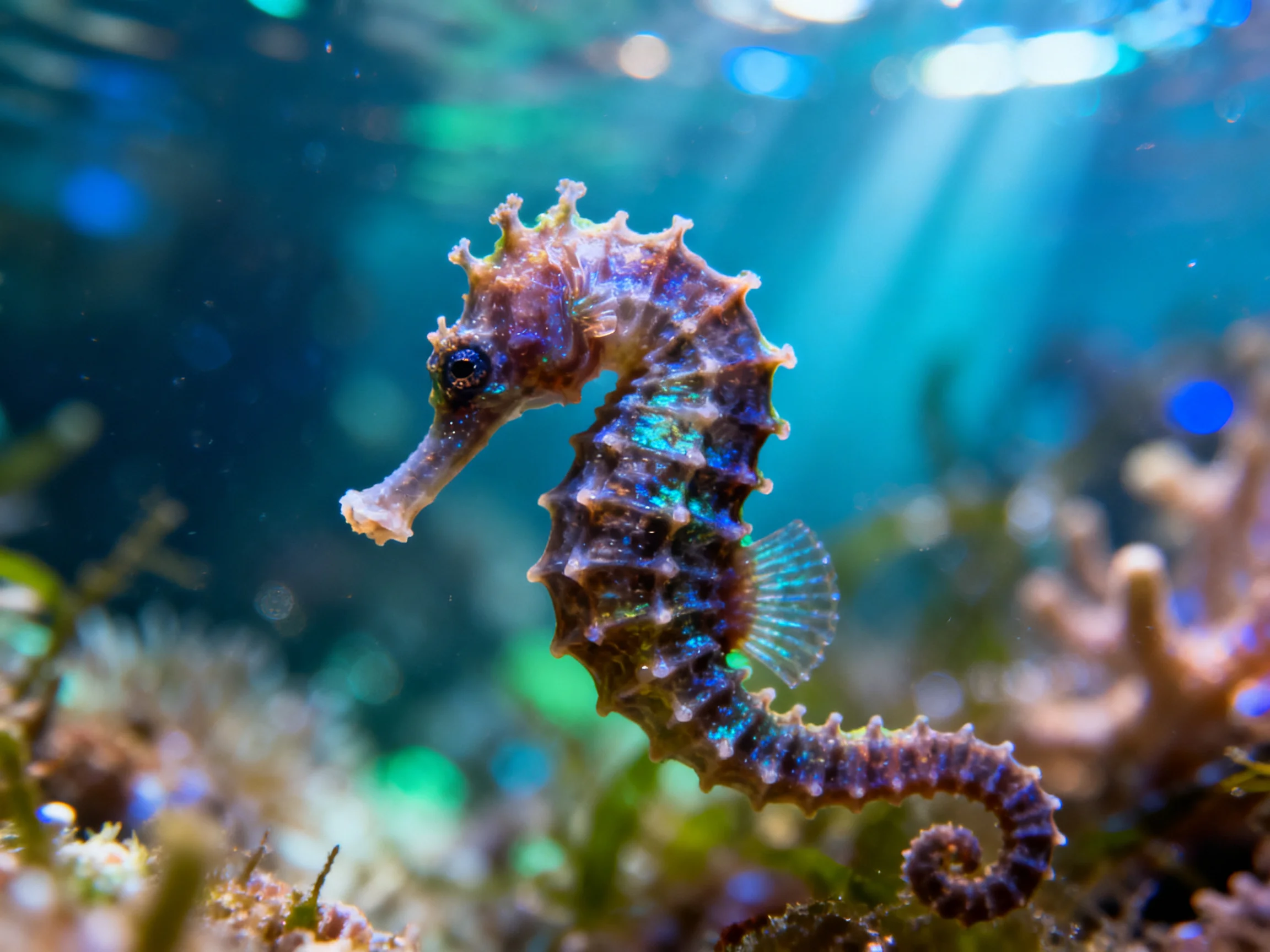 A colorful seahorse swimming near coral reefs underwater