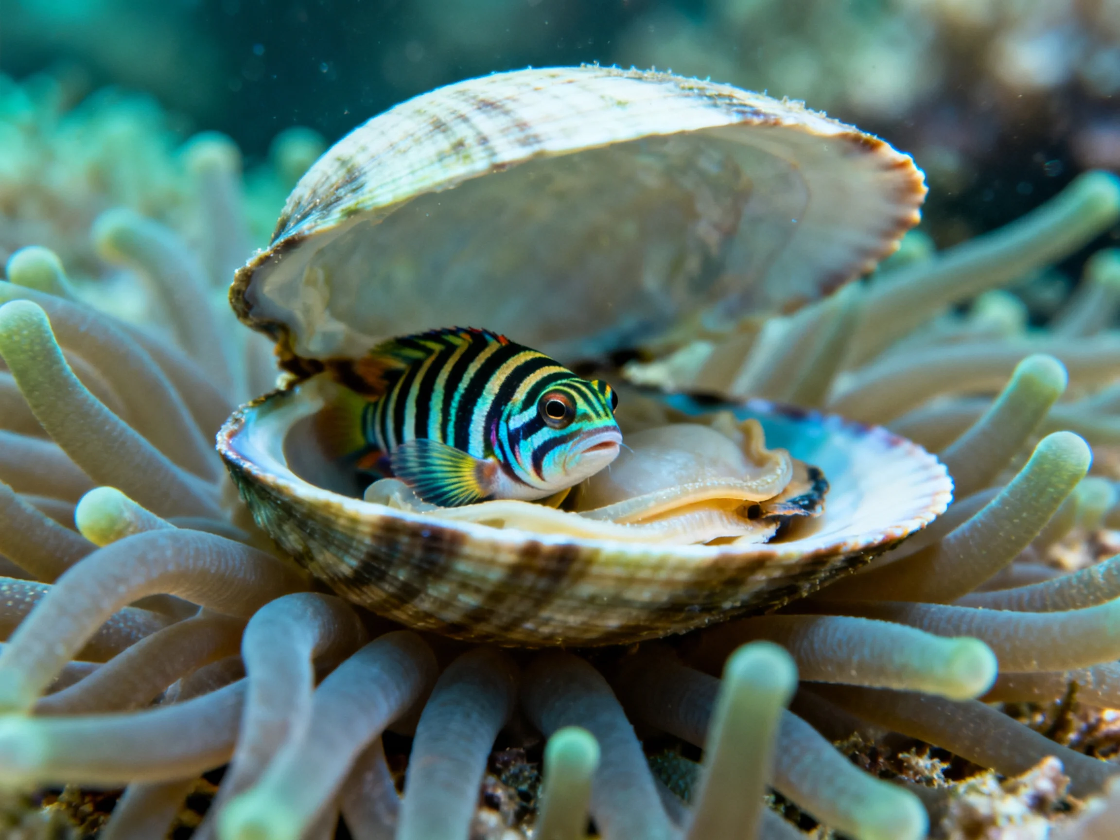 A colorful striped fish hides in a large seashell near ocean anemones