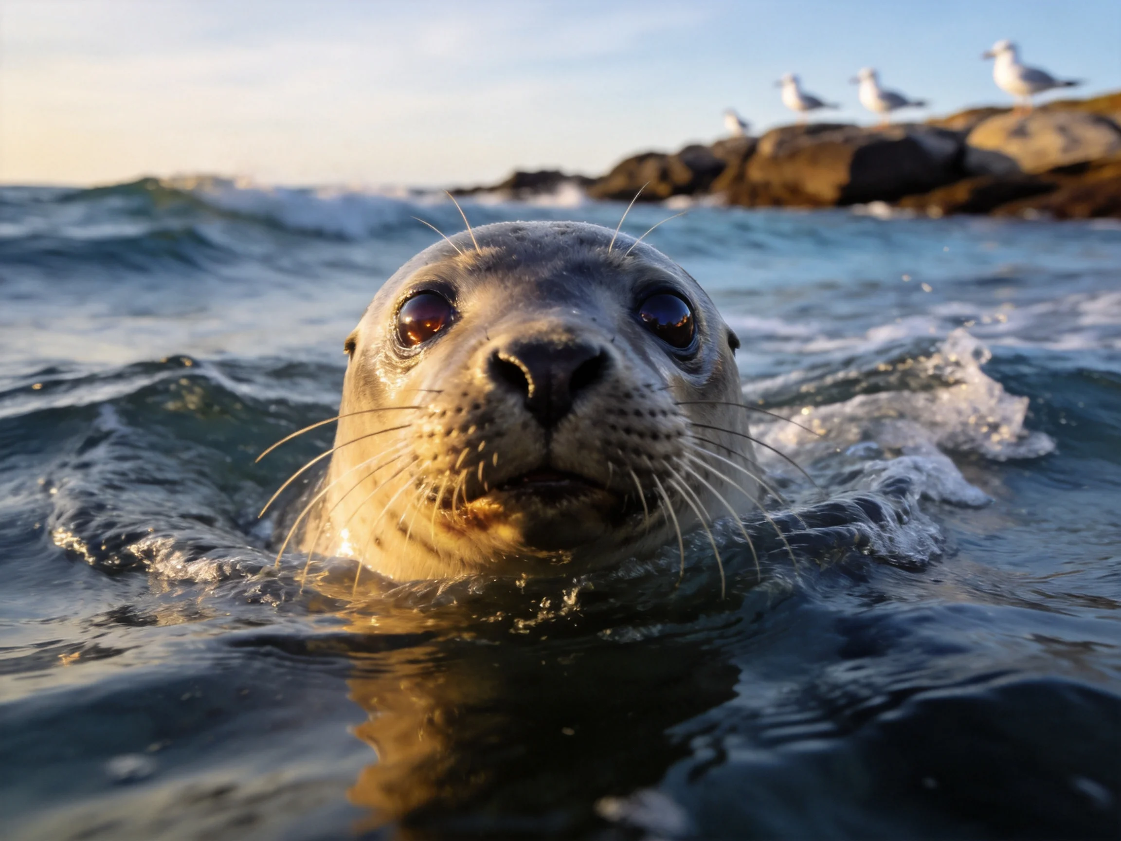 A curious gray seal emerges from turquoise ocean waters near rocky shore