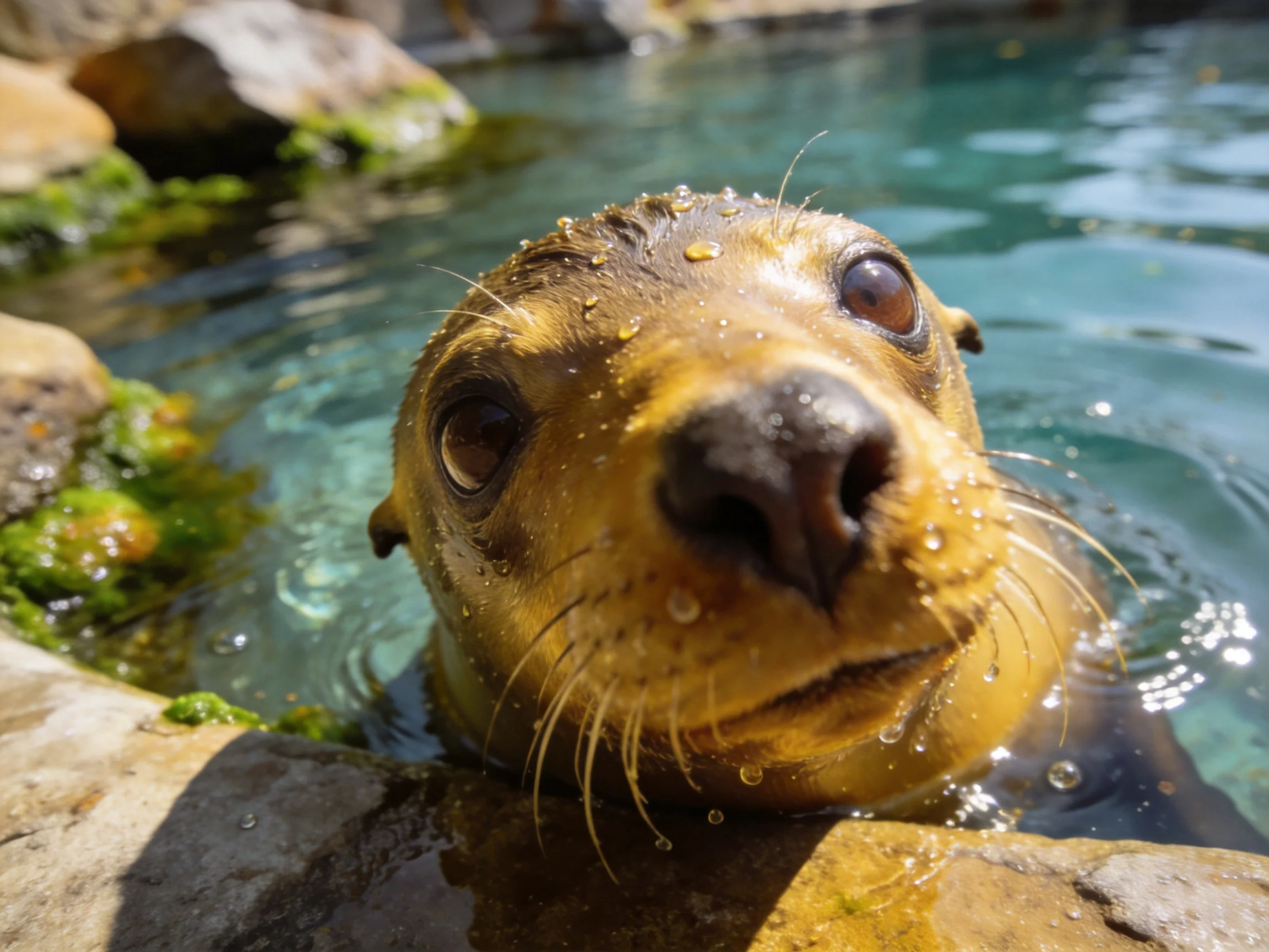 A curious sea lion emerges from turquoise water near mossy rocks