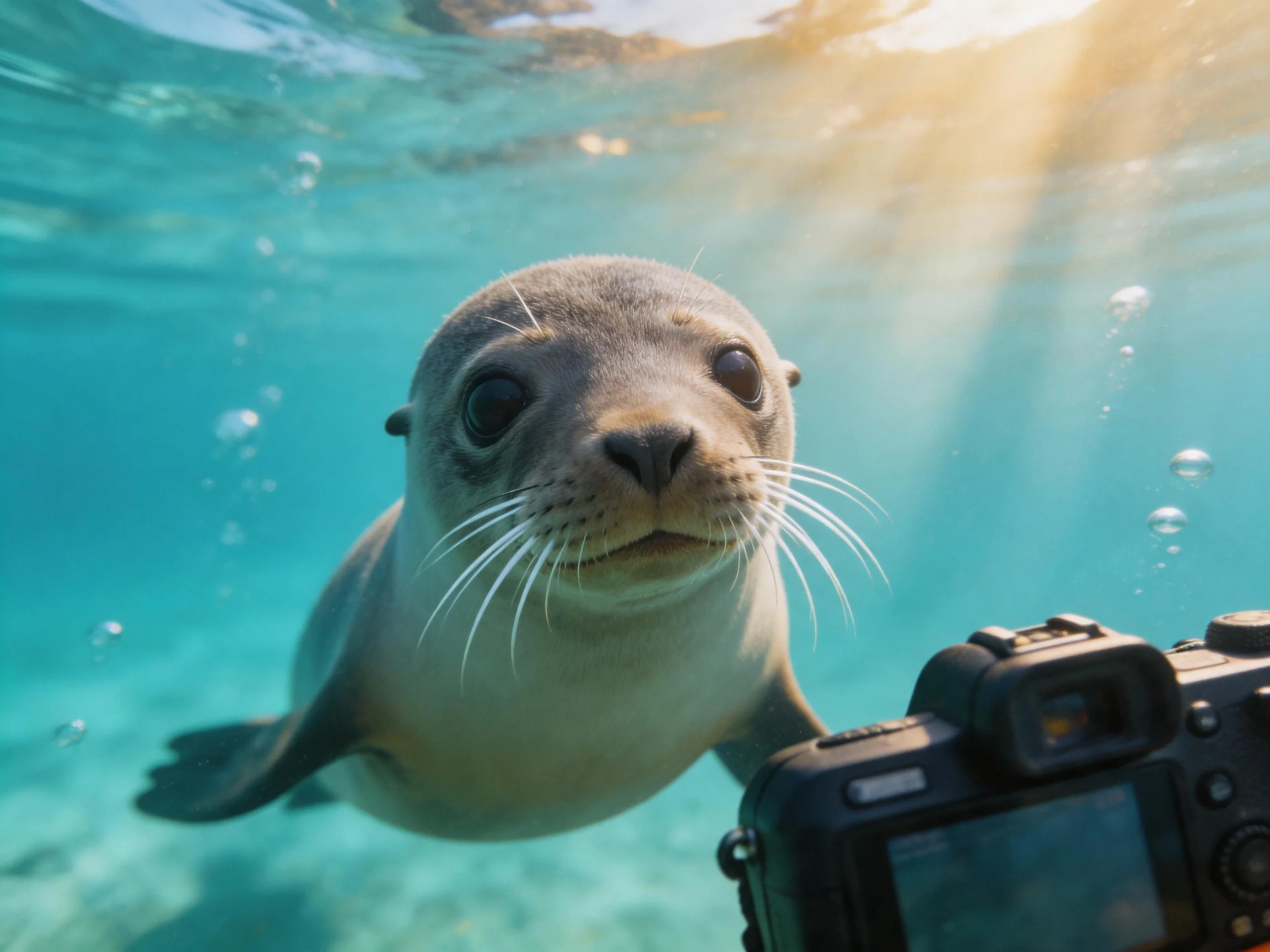 A curious sea lion pup swims near a camera in clear turquoise water