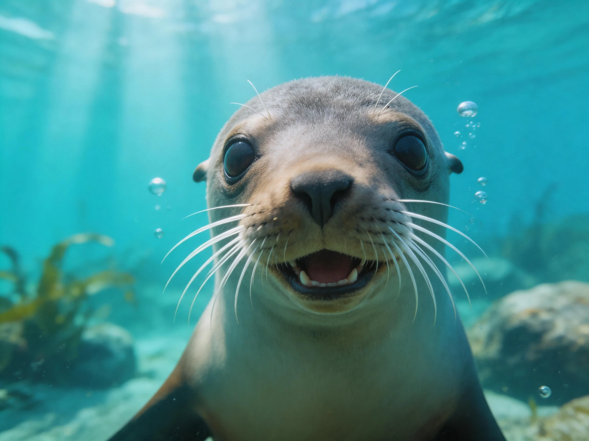 A curious sea lion pup swims near aquatic plants and rocks