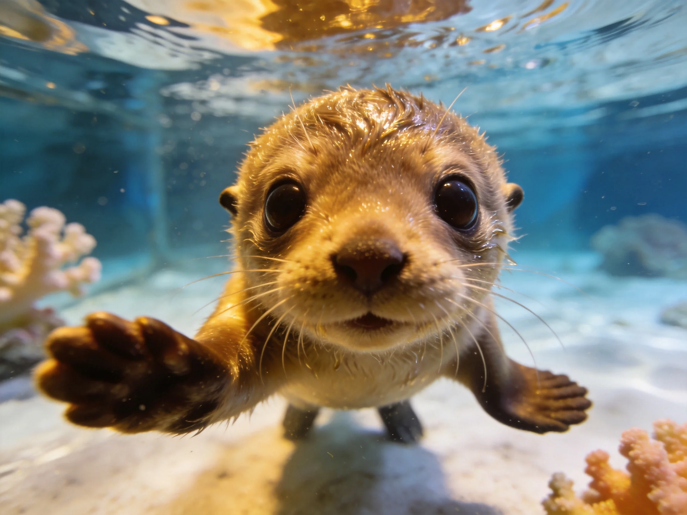 A curious young sea lion swims toward the camera underwater