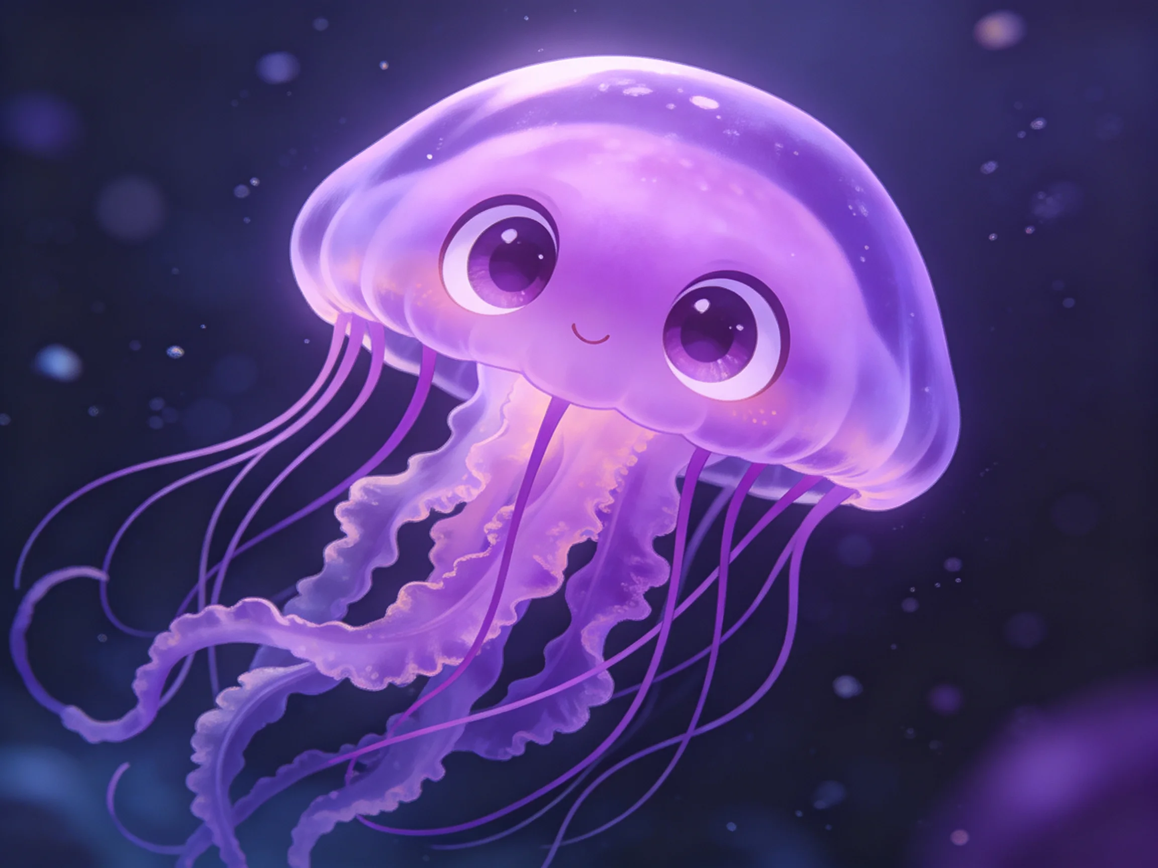 A cute purple cartoon jellyfish with glowing tentacles
