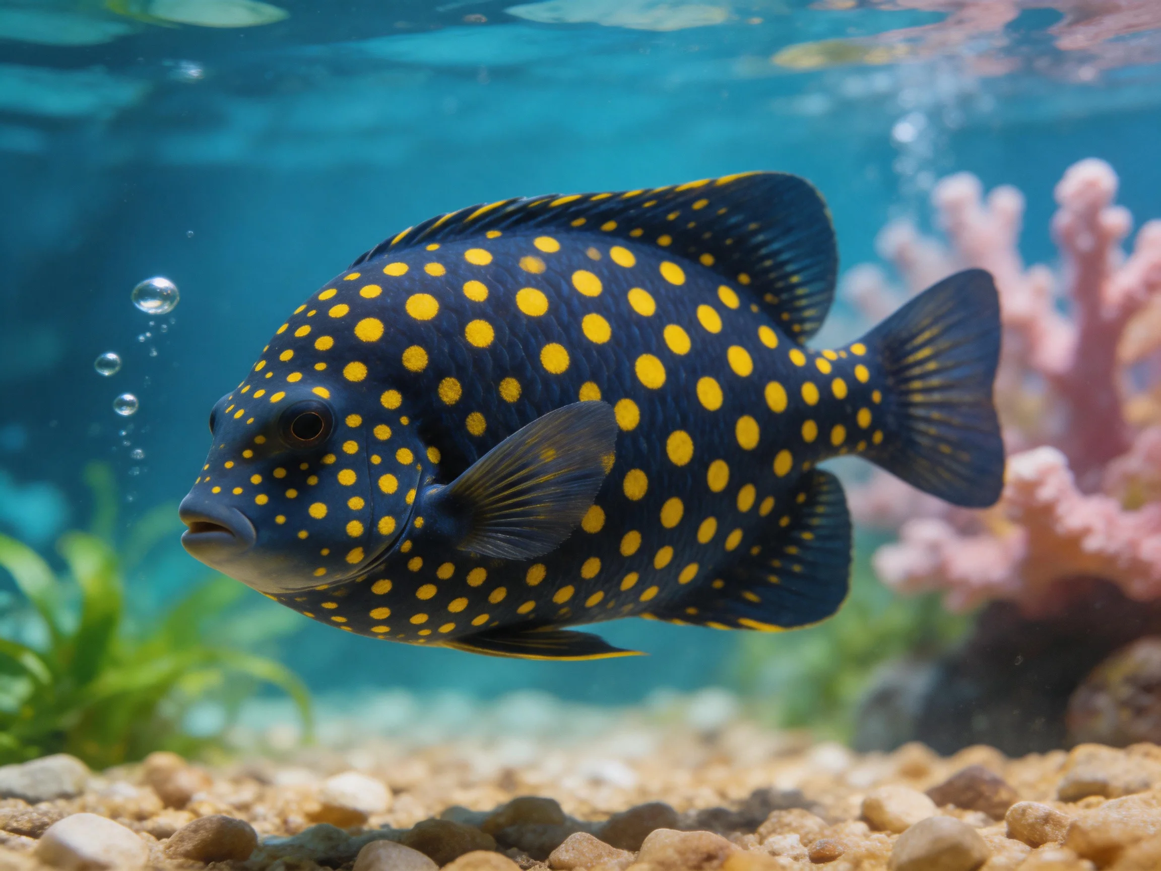 A dark blue fish with bright yellow spots swimming near coral