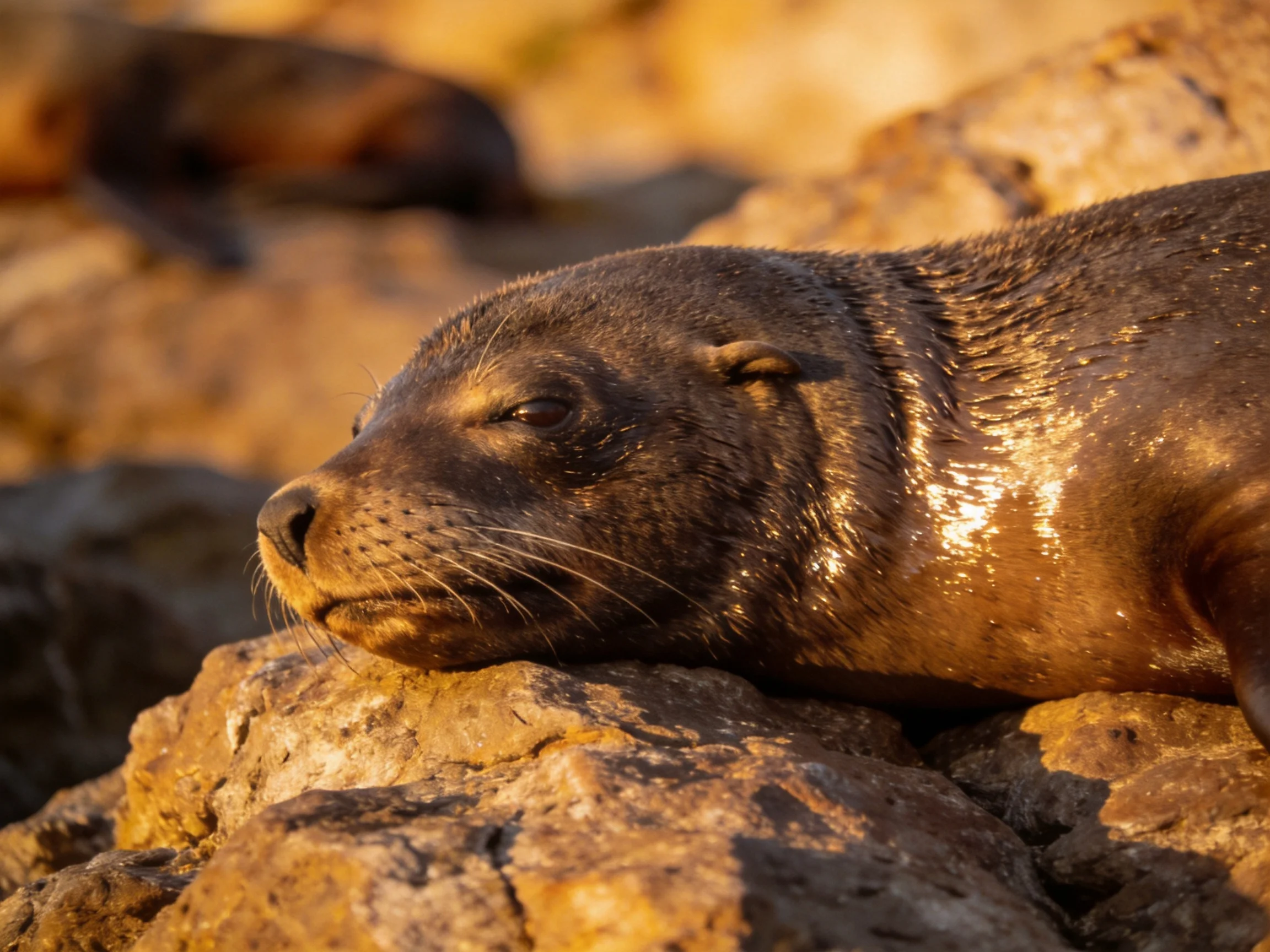 A dark brown sea lion rests on sunlit rocks near another animal