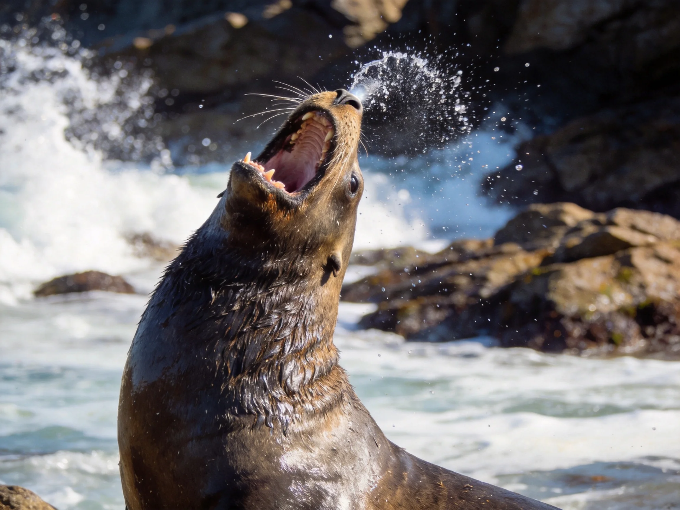 A dark brown sea lion spits water by rocky ocean shores