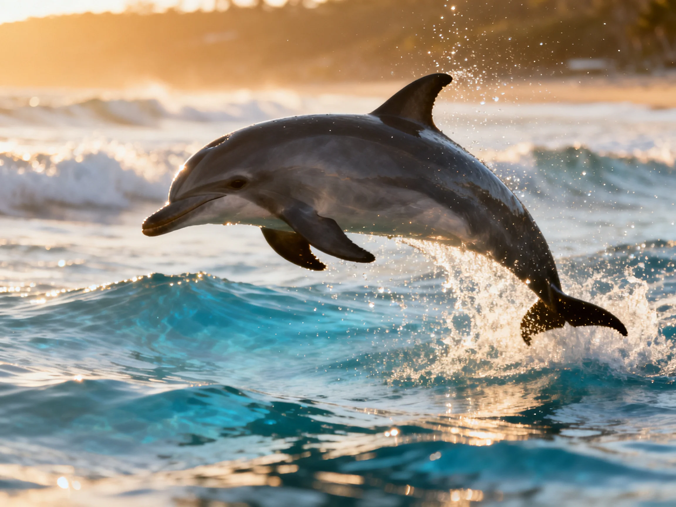 A dark gray dolphin leaps over bright blue ocean waves near a sandy beach
