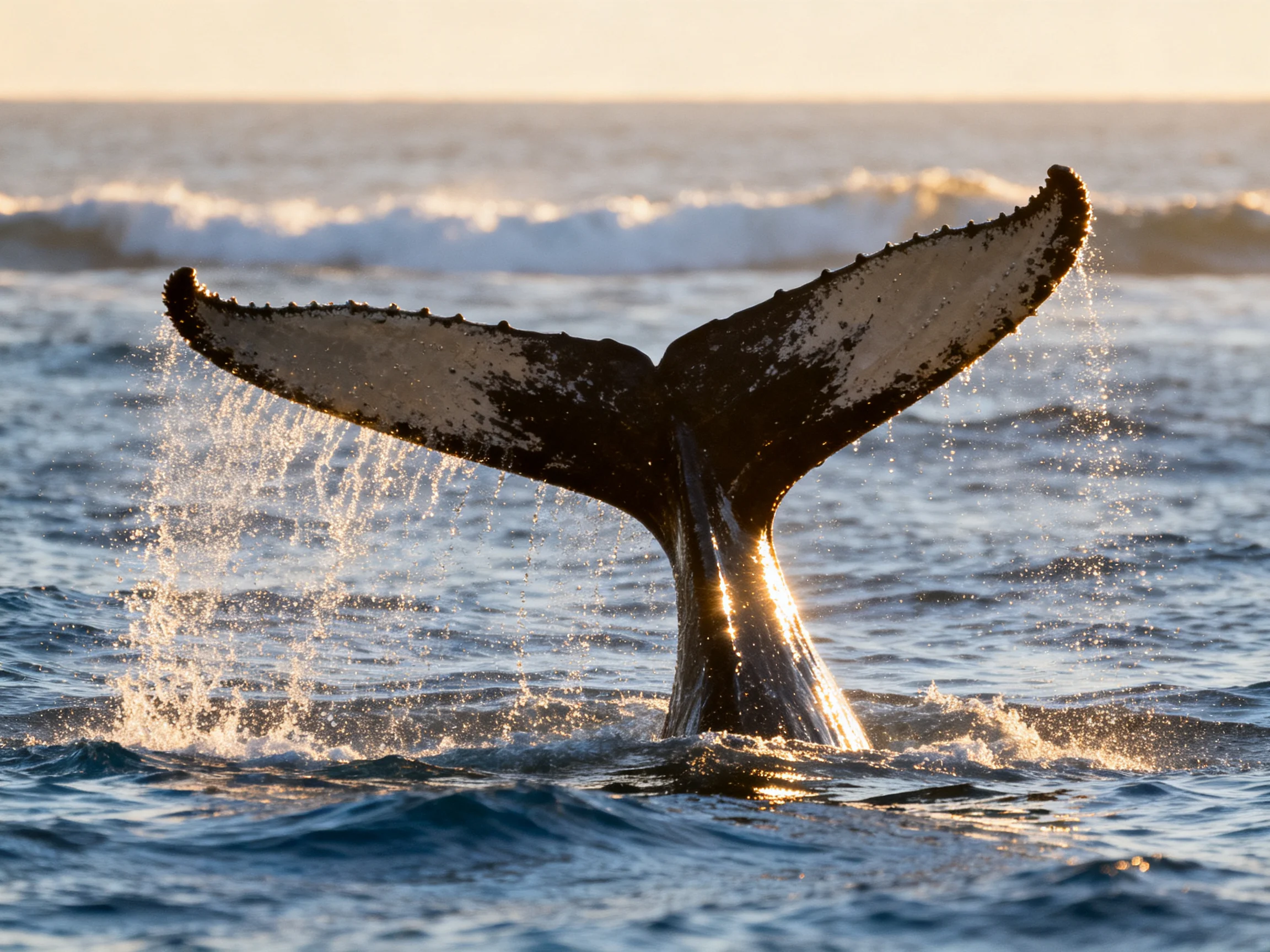 A dark gray whale tail emerges from blue ocean waves under golden sunlight