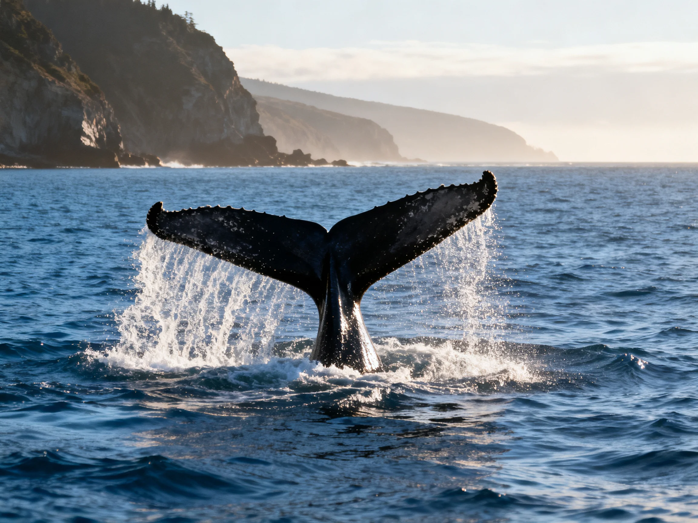 A dark gray whale tail emerges from deep blue ocean near rocky cliffs